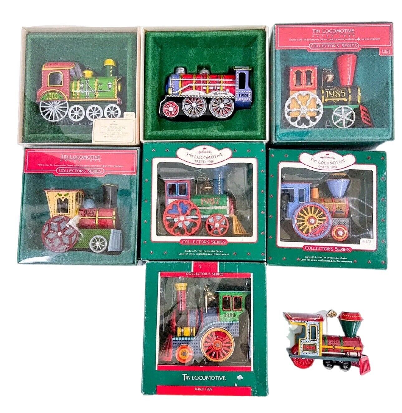 Set of 8 Hallmark Keepsake Tin Train Locomotive 1983-1989 & 1994 Ornaments