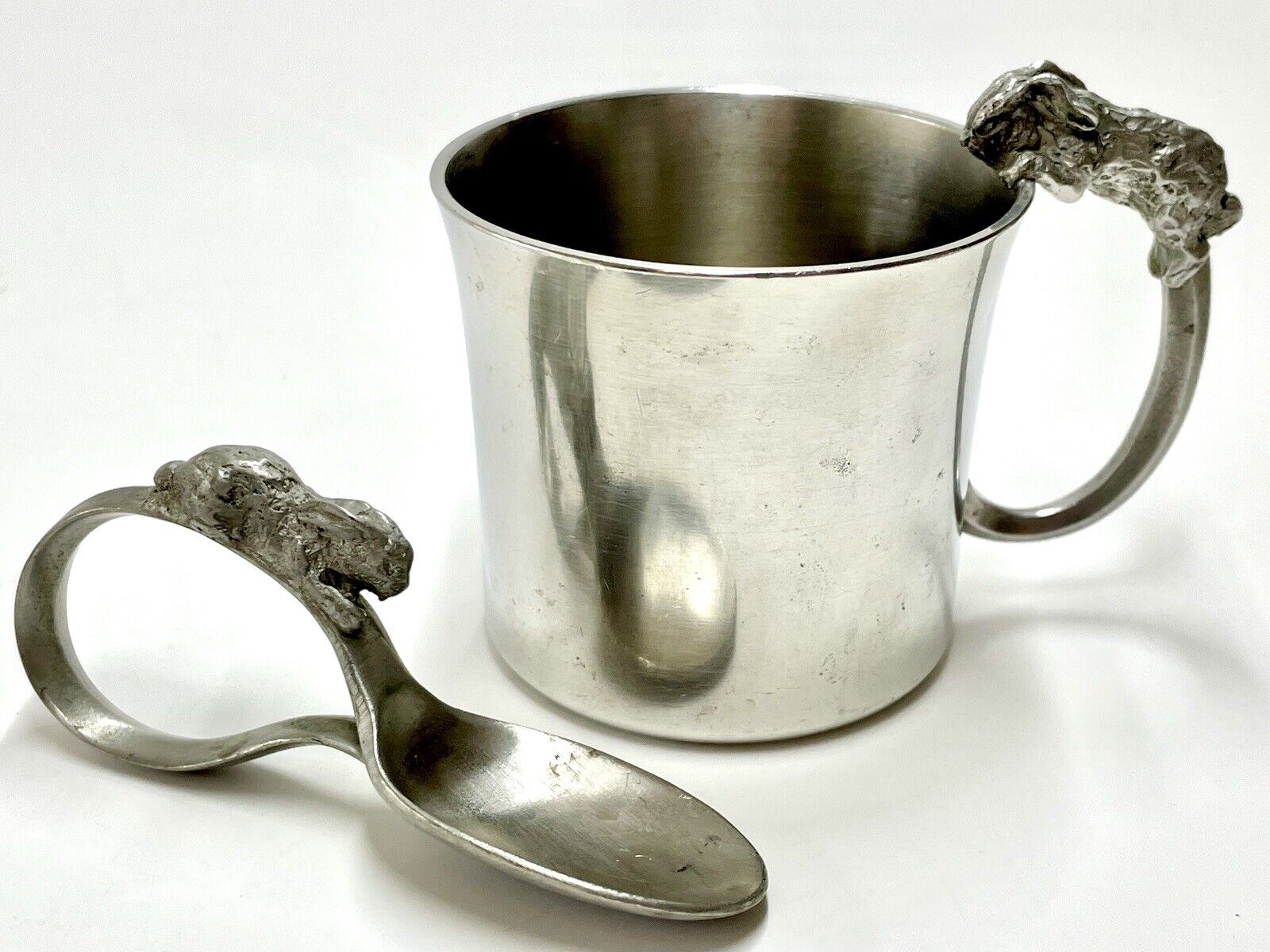 Old Newbury Vintage Pewter Child's Easter Bunny Cup W/ Matching Rabbit Spoon ￼