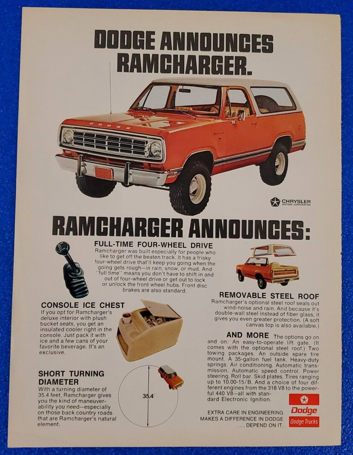 1974 DODGE RAMCHARGER FULL-TIME FOUR-WHEEL DRIVE ORIGINAL PRINT AD DODGE TRUCKS