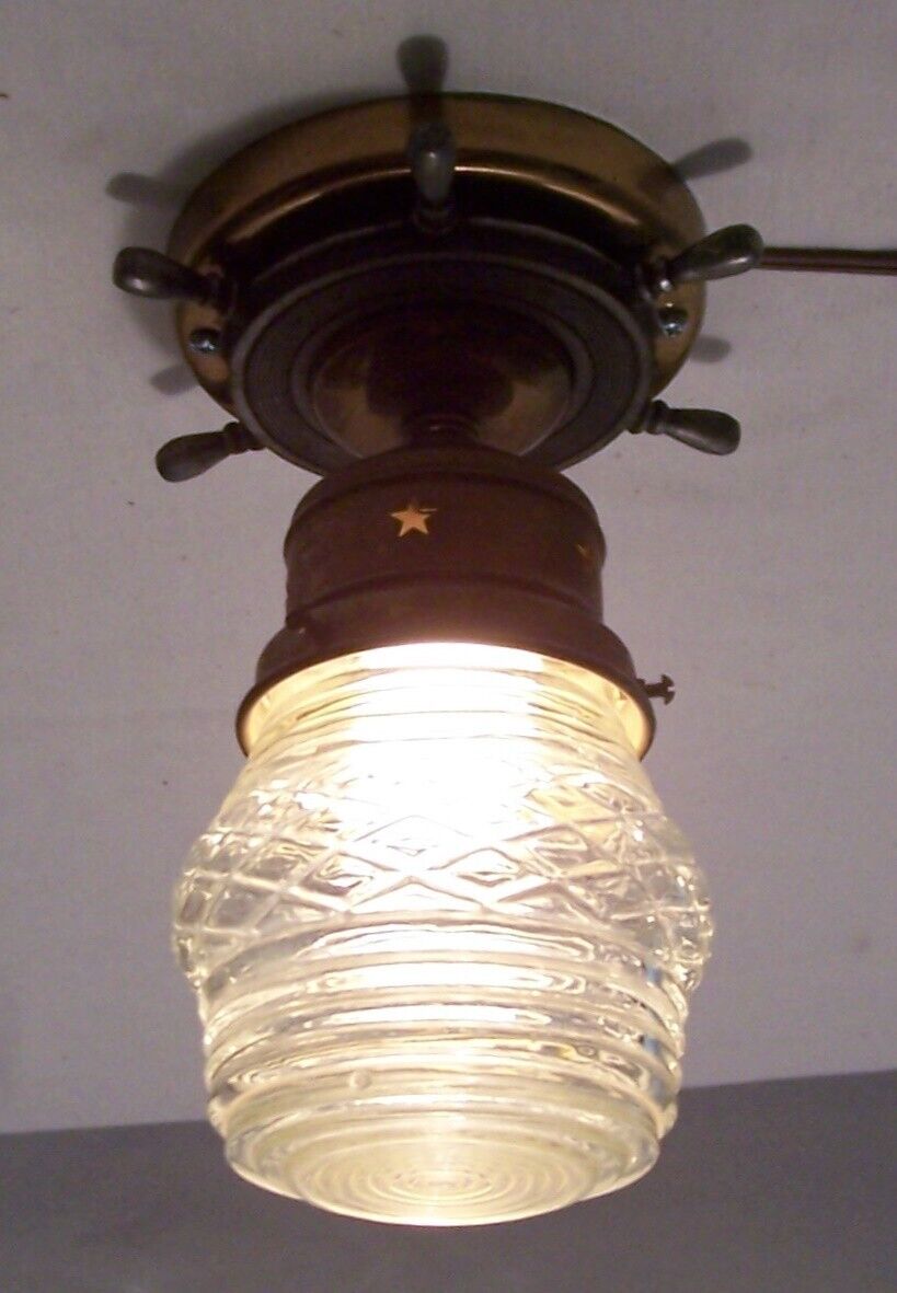 Vtg Nautical Light Antique Ceiling Fixture Art Stars Brass  Rewired USA #F26