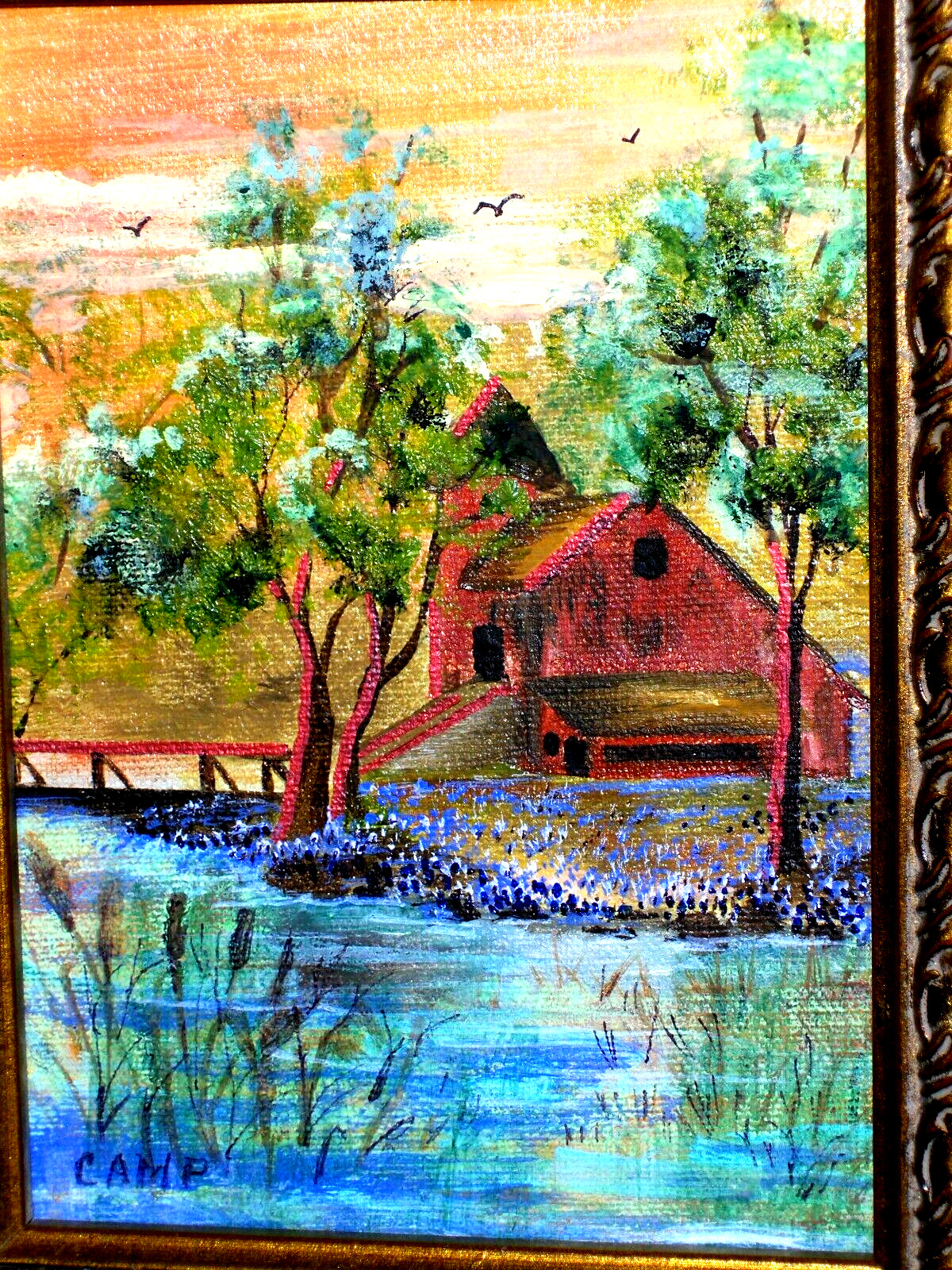 Gorgeous Gold Ornate Frame Bluebonnet Pond Barn Fence Oil Canvas Painting Vintg