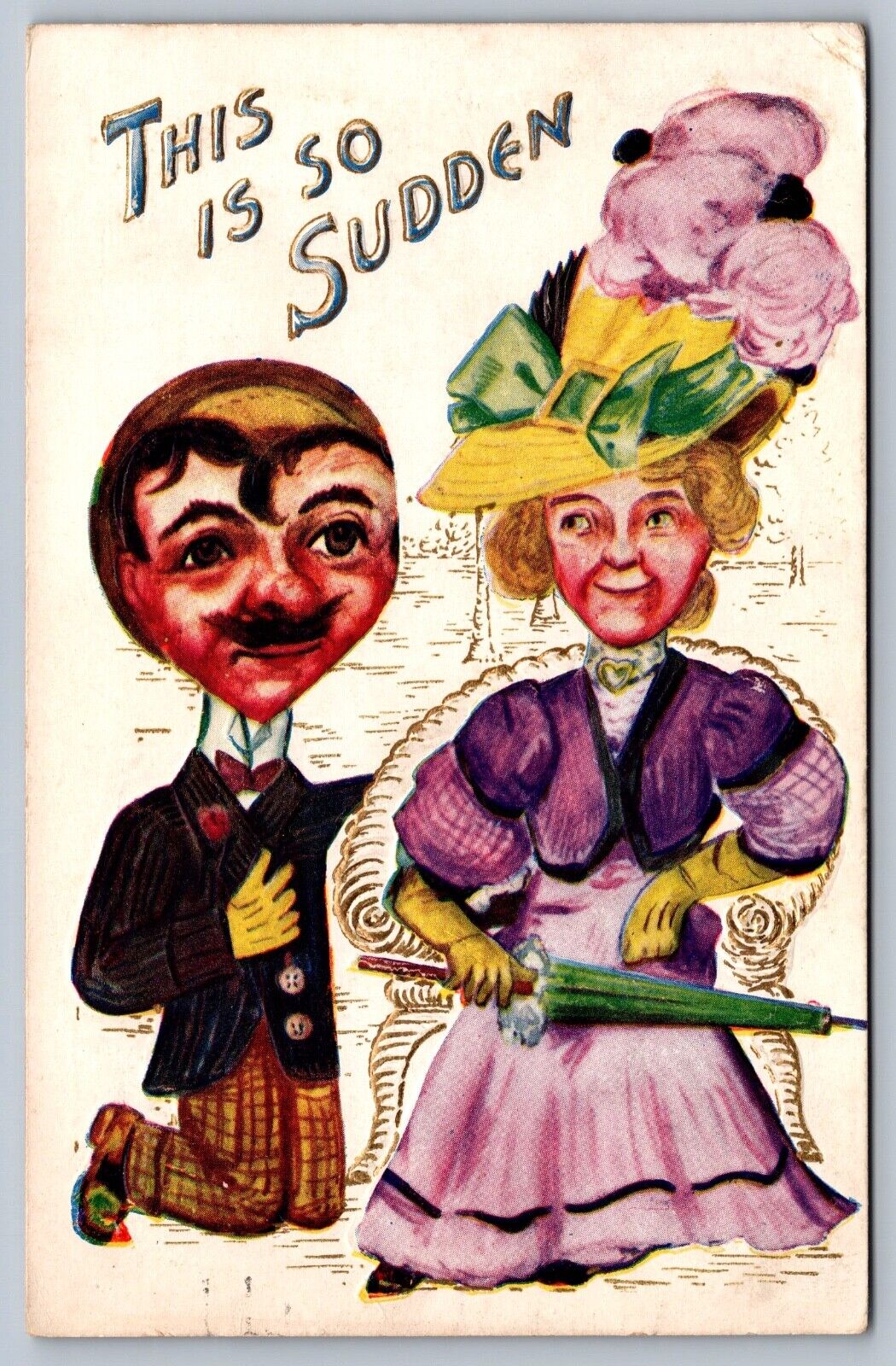 c1910 VALENTINES postcard advertising HARVEY postcard co Homely couple SO SUDDEN