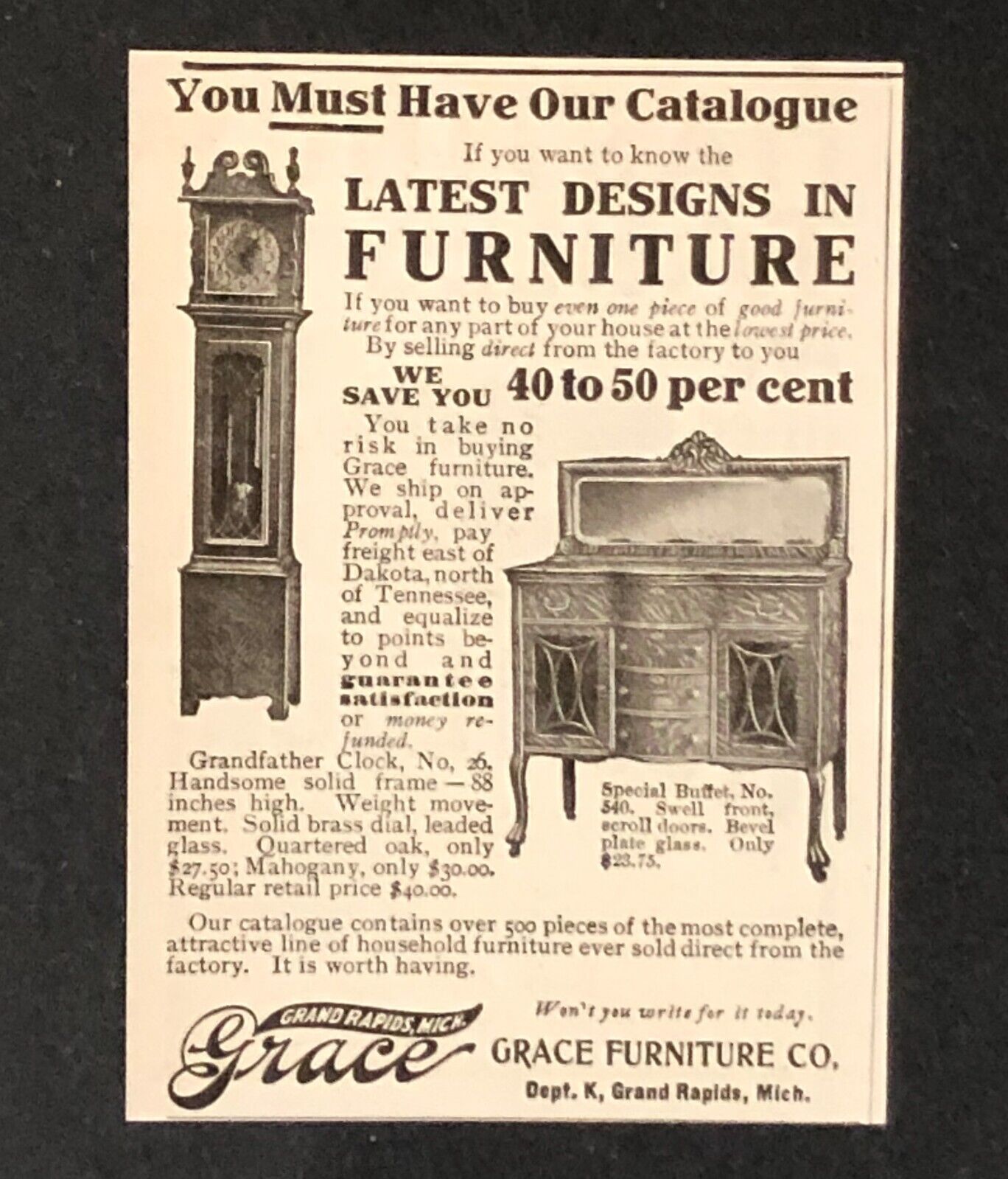 1906 Grace Furniture Advertisement Grandfather Clock Buffet Antique Print AD