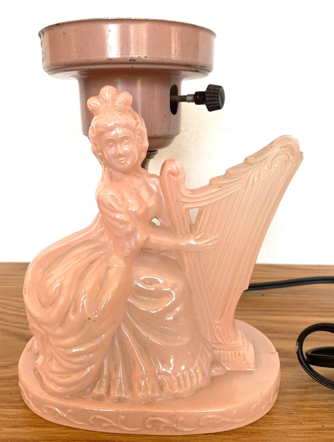 Vintage Art Nouveau Pink Glass Lady Playing Harp Boudoir Lamp French Victorian