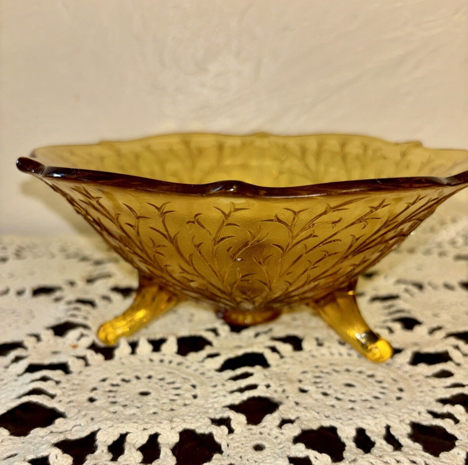 1930's Fenton Silvertone Amber Glass Three Toed Candy Dish Bowl Branch Design