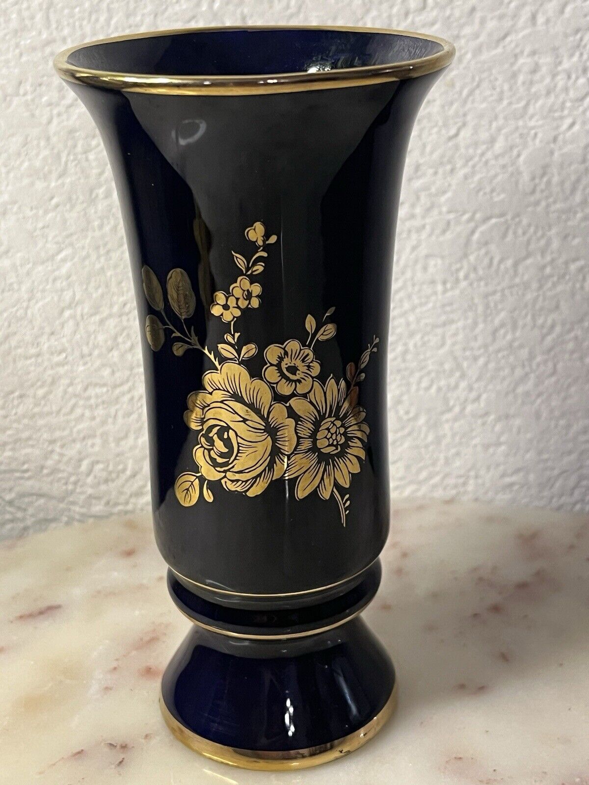 Cobalt Blue with Gold Floral Center / Gold Trimmed Vase (Signed)