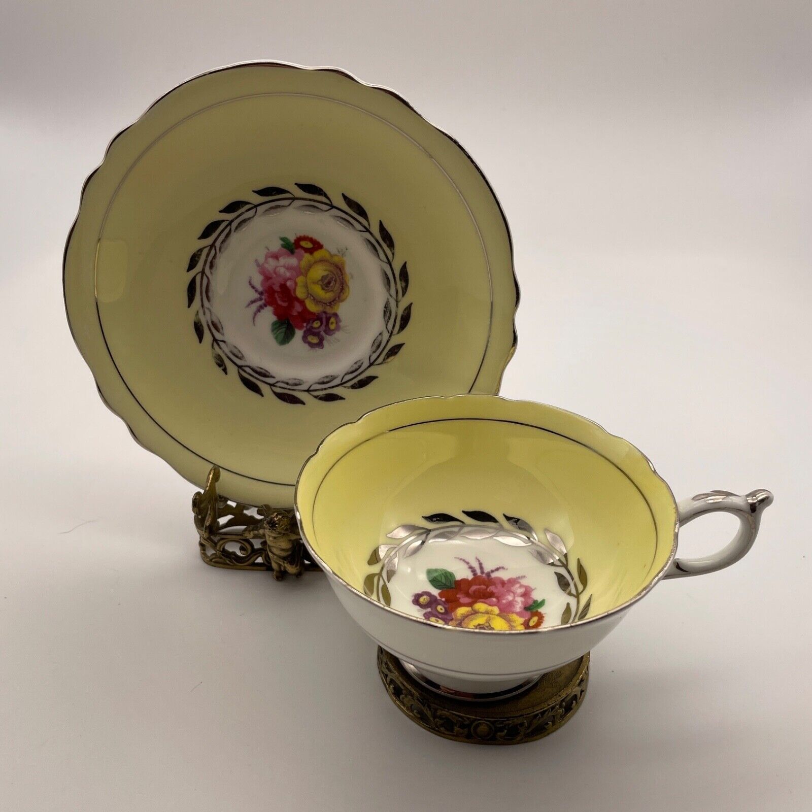 Paragon Tea Cup And Saucer Yellow White Floral Gold Leaves Trim Double Warranted