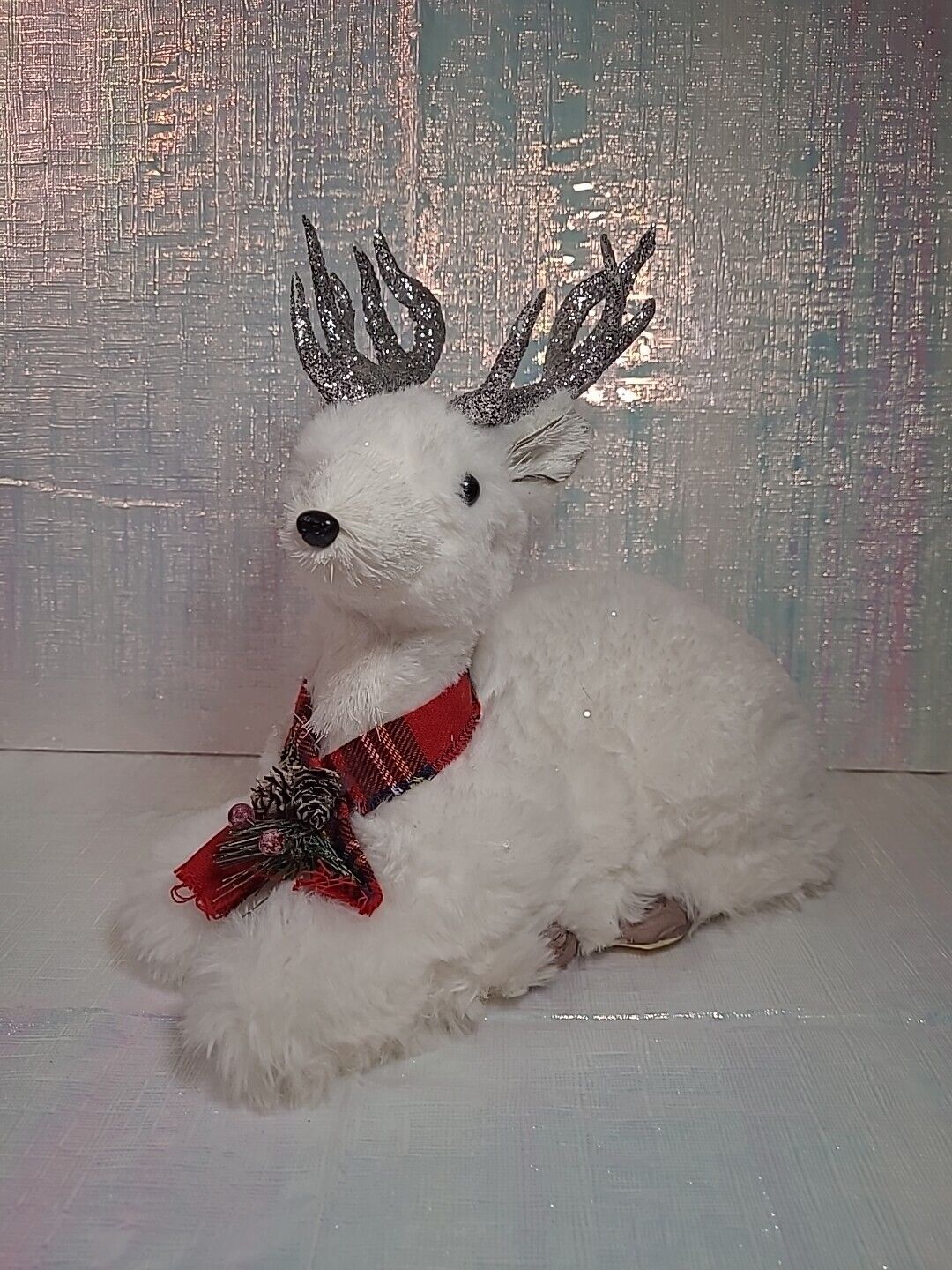 Ashland Holiday White Reindeer Faux Fur With Glitter Silver Glitter Antlers NWT