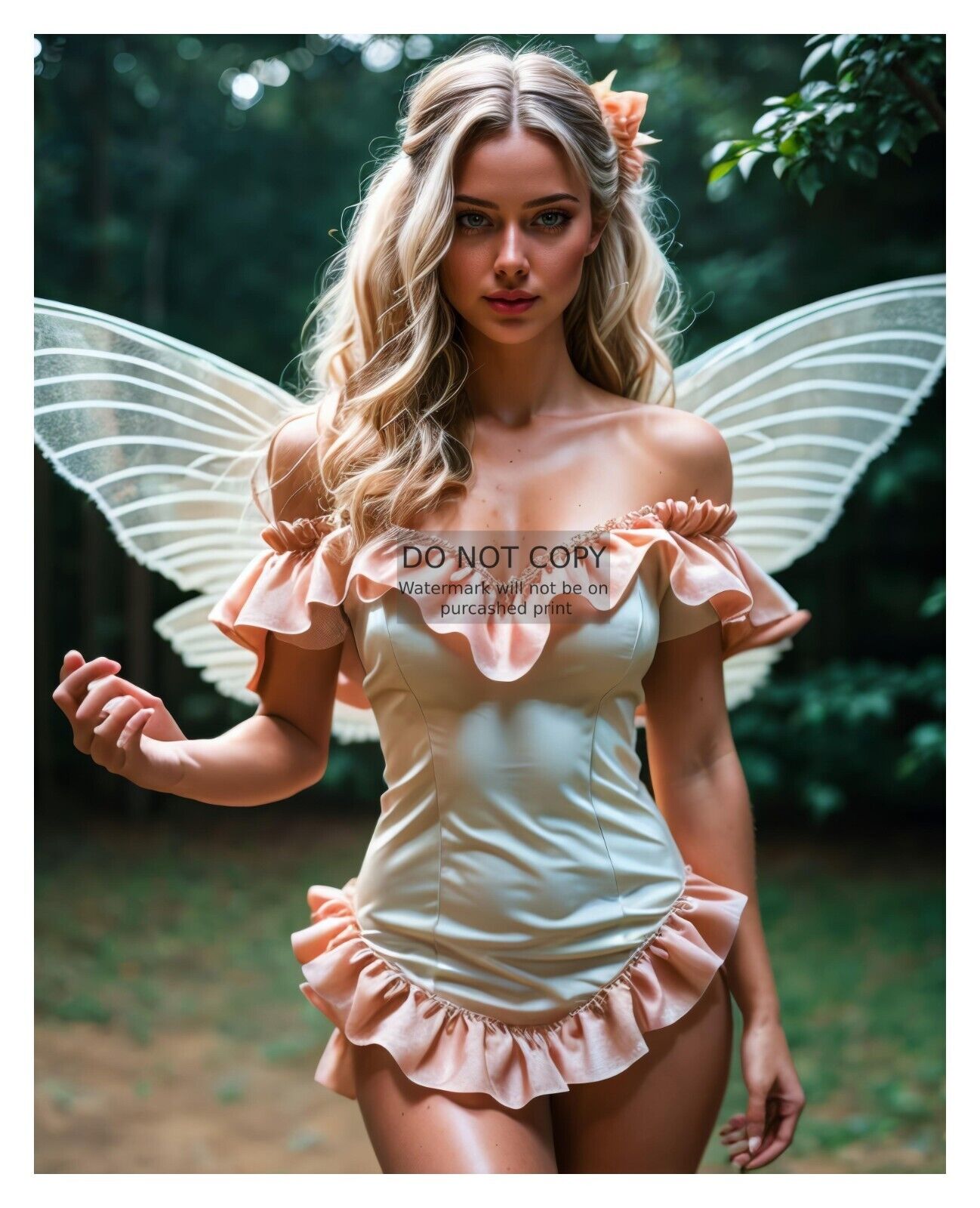 GORGEOUS YOUNG SEXY FAIRY IN WHITE & PINK FRILLY DRESS 8X10 FANTASY PHOTO
