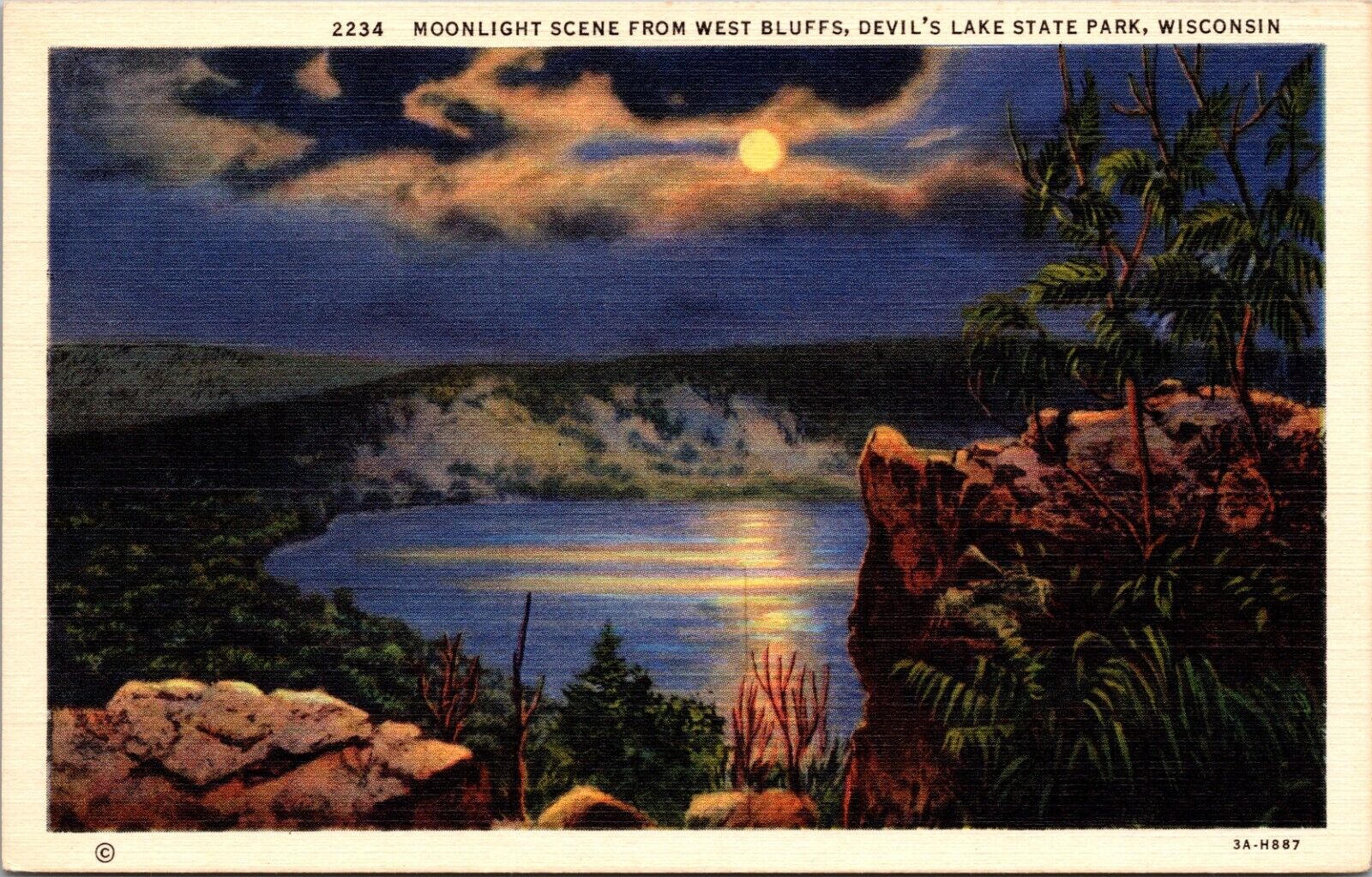 Wisconsin State Park Series Devil\'s Lake Moonlight Vintage Postcard Linen