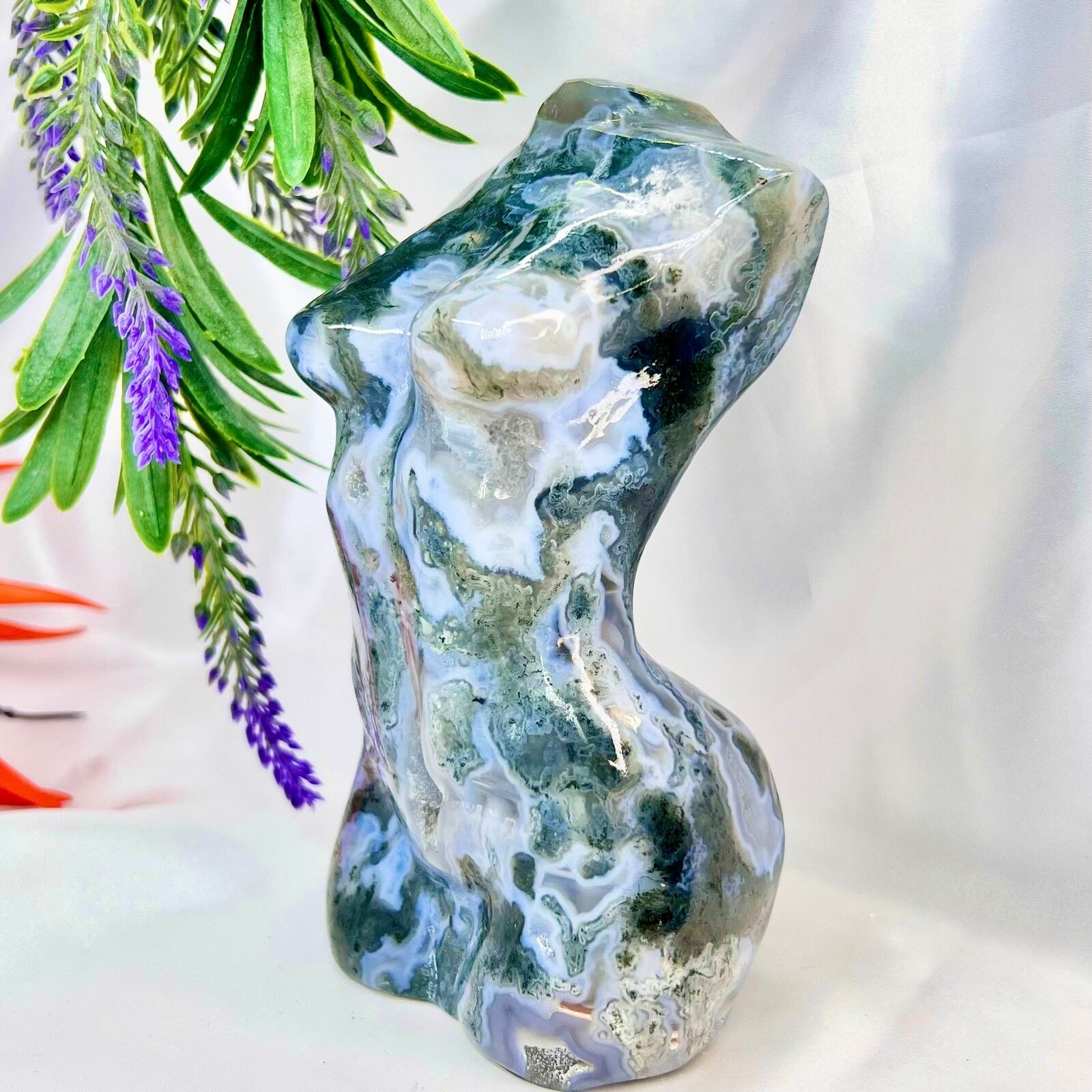 Moss Agate Lady Body Female Crystal Carving 1421g 166mm