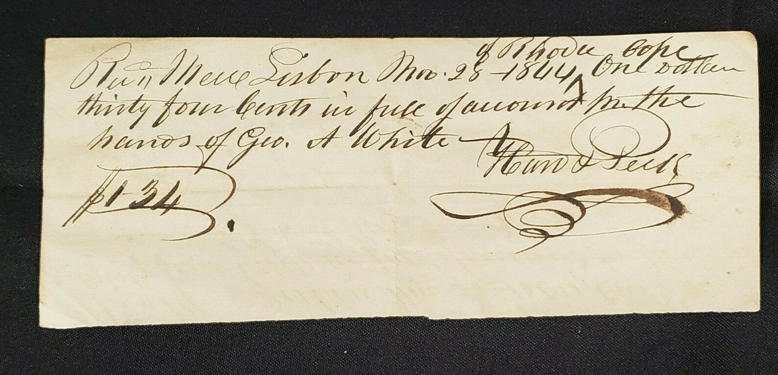 1866 HAND-WRITTEN PERSONAL RECEIPT FOR $1.34 8\