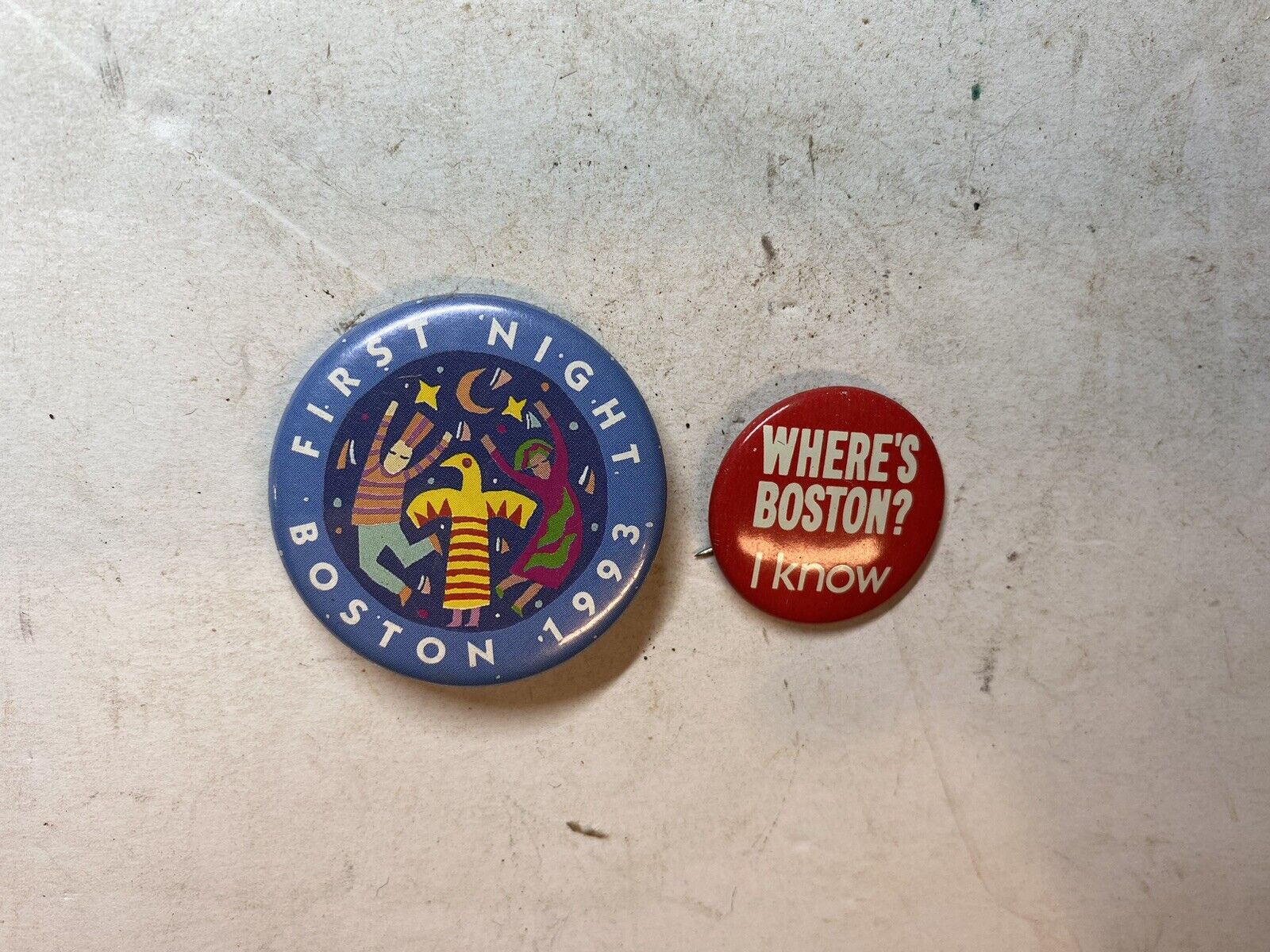 Vintage Lot Of 2 Boston Novelty Pinback Pin Buttons Boston 1993 & Where’s Boston
