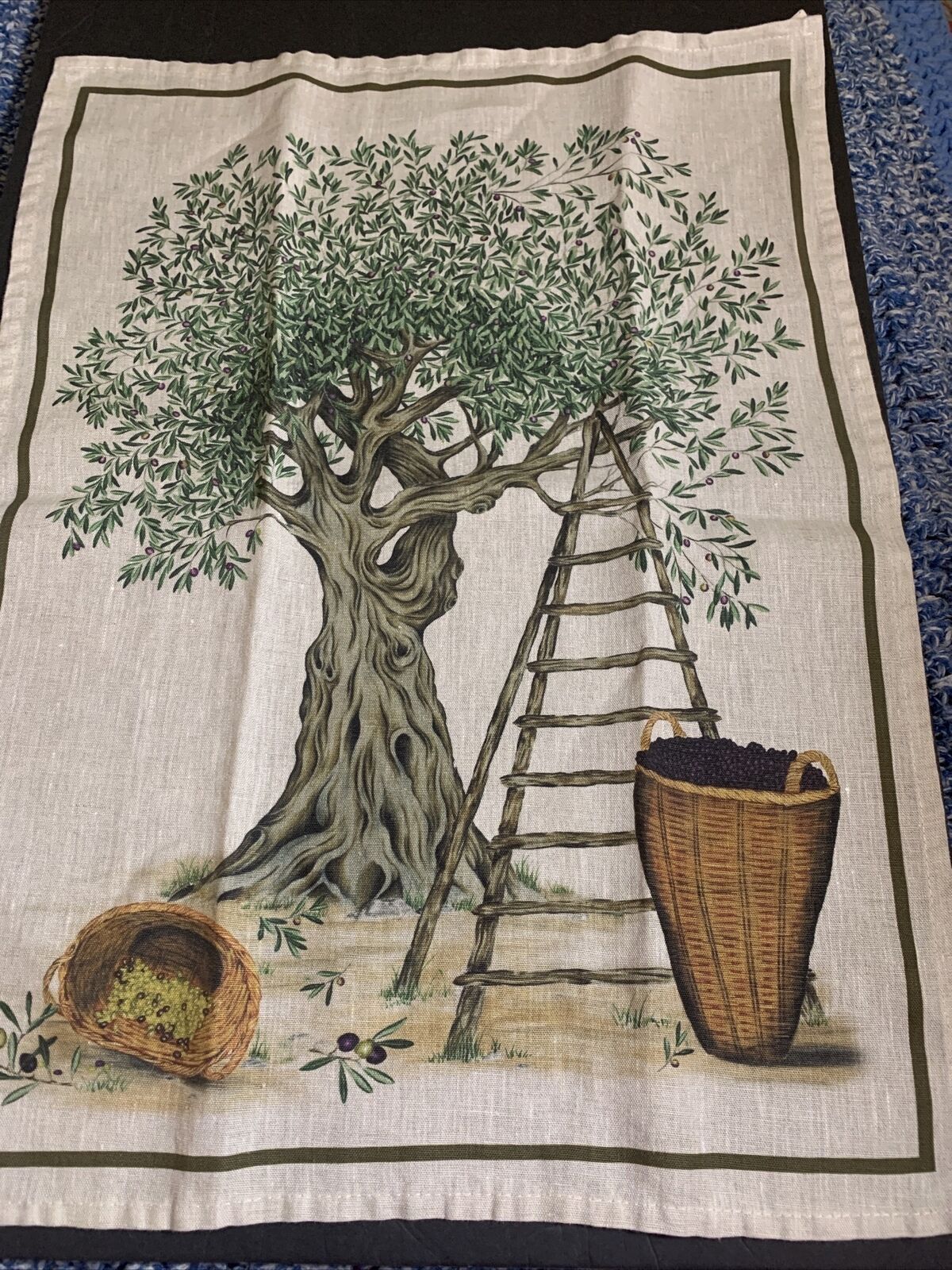 Vtg Linen Olive Tree Lg Kitchen Towel~Italian Country~Creme Green~19x26”~Italy