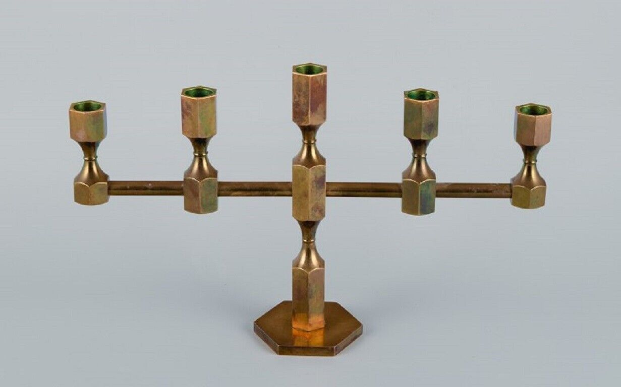 Gusum, Metallslöjd, brass candlestick for five candles. Swedish design.