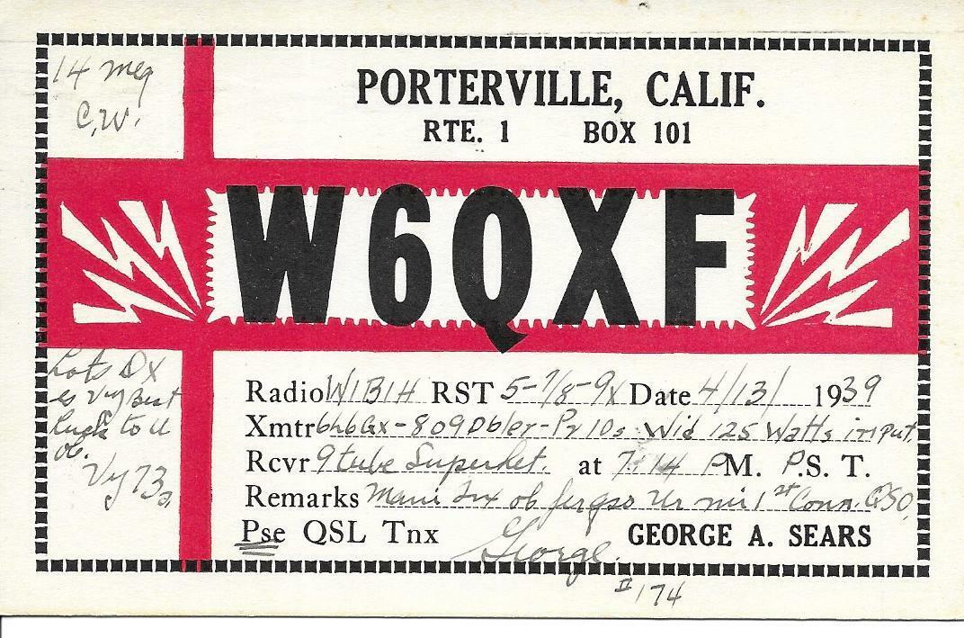QSL  1939 Porterville  CA   radio card   