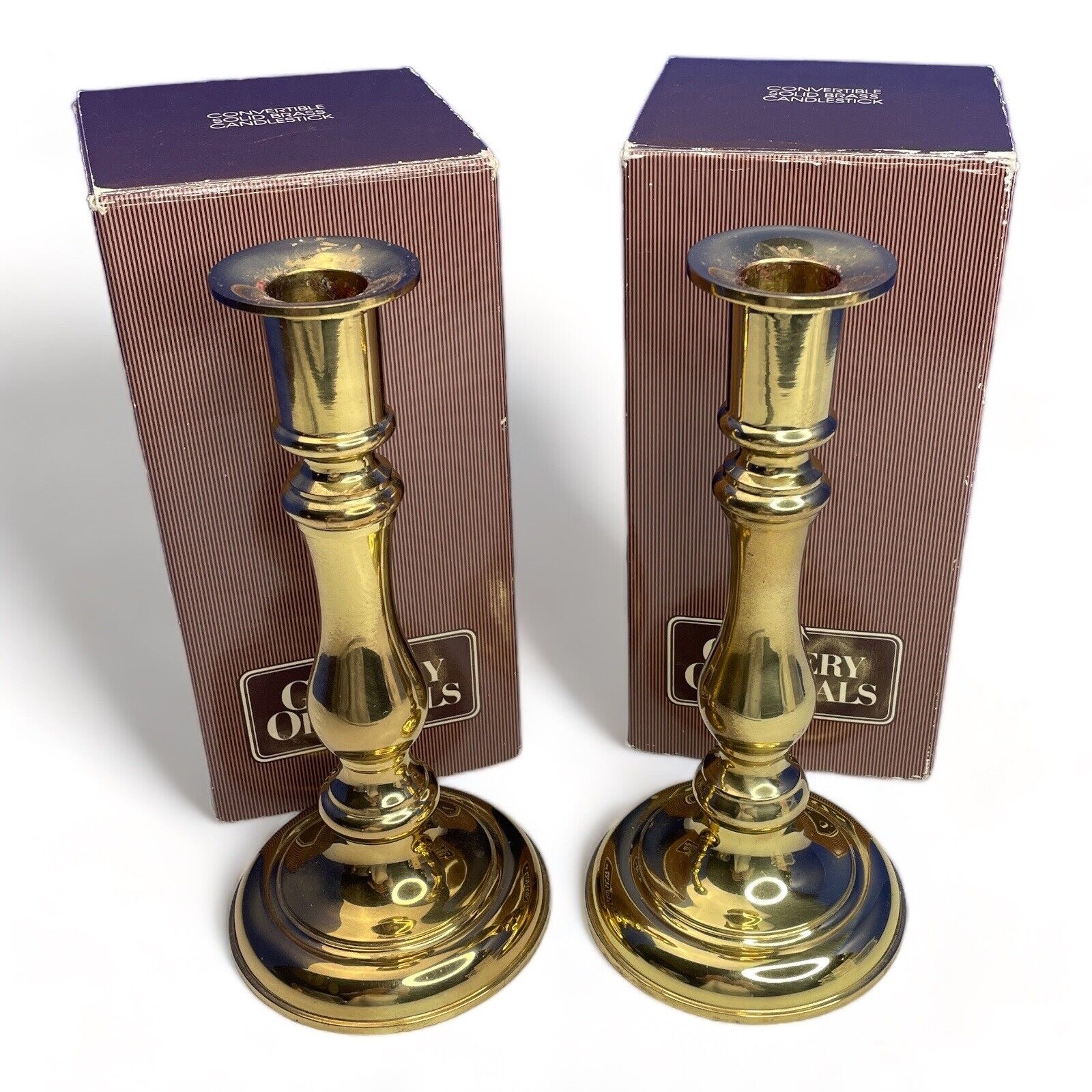 Lot of 2 Convertible Solid Brass Candlestick Holders Gallery Original Avon Boxed