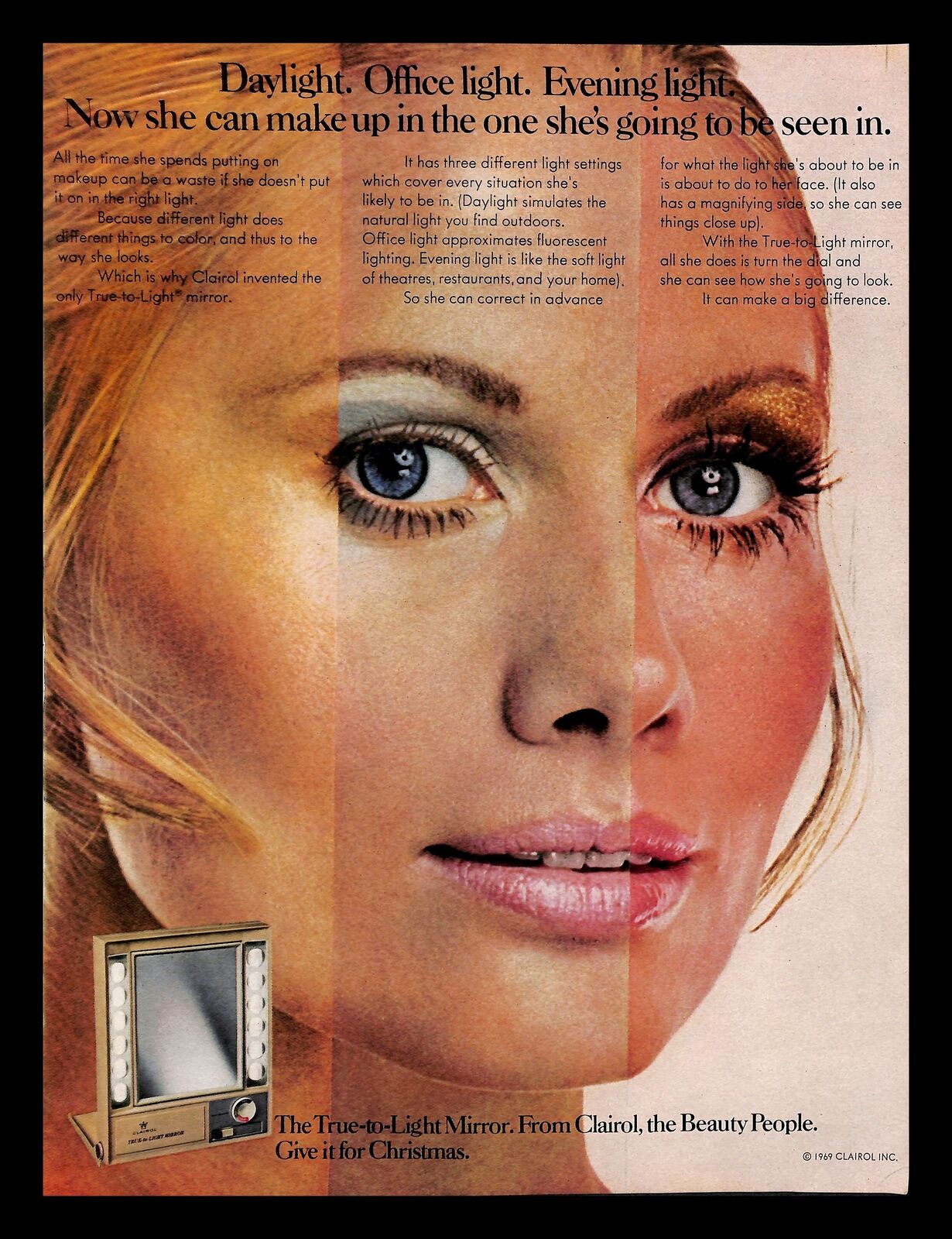 1969 Clairol True To Light Beauty Mirror Vintage PRINT AD Woman Makeup 1960s