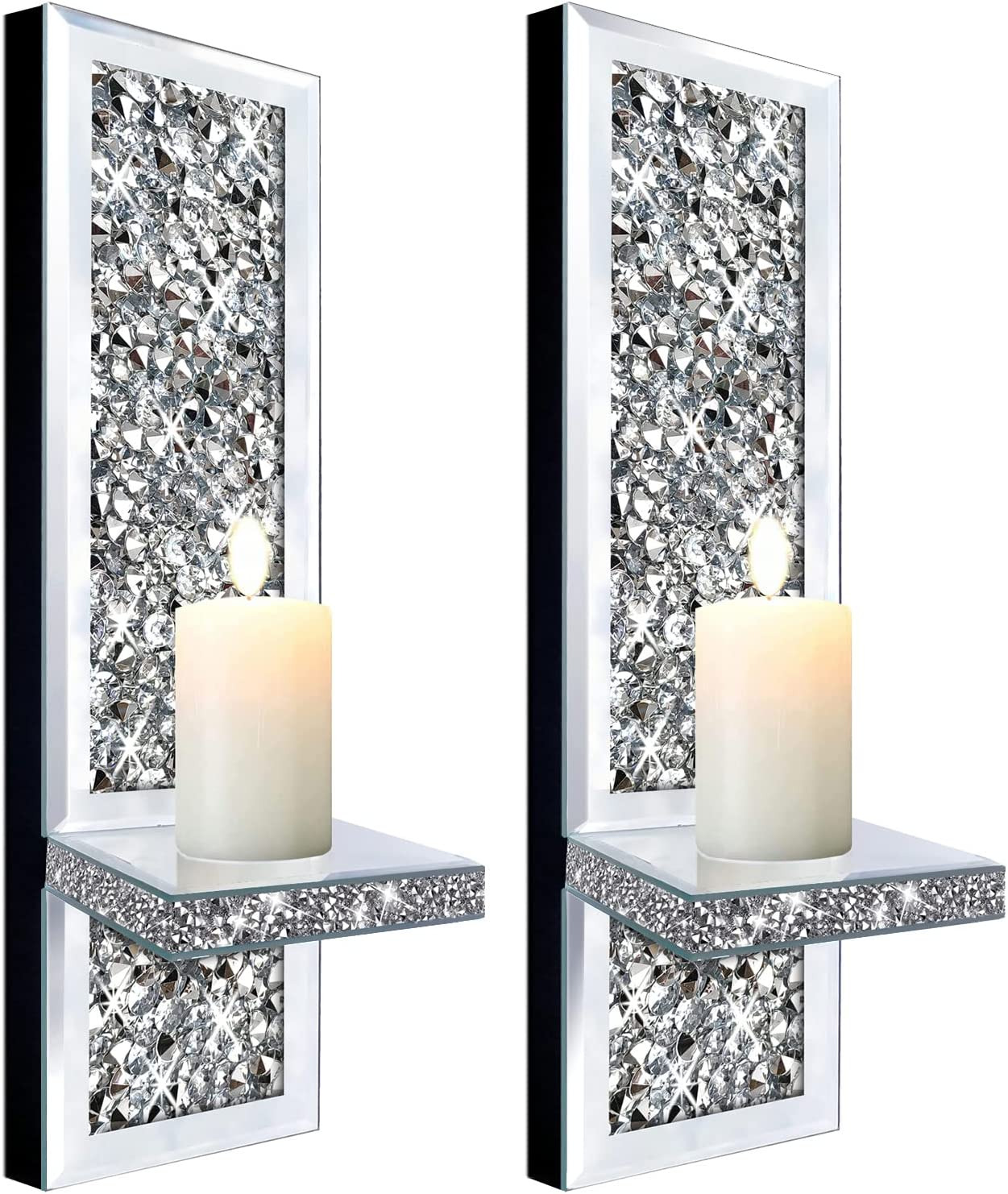 Set of 2 Crystal Crush Diamond Candle Sconces Gorgeous Silver Mirrored Wall Scon