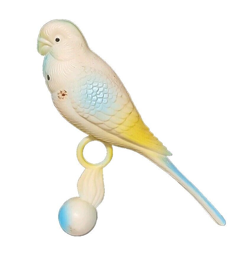 Vintage Birdcage Balancing Celluloid Budgie Parakeet Toy White Blue Bird