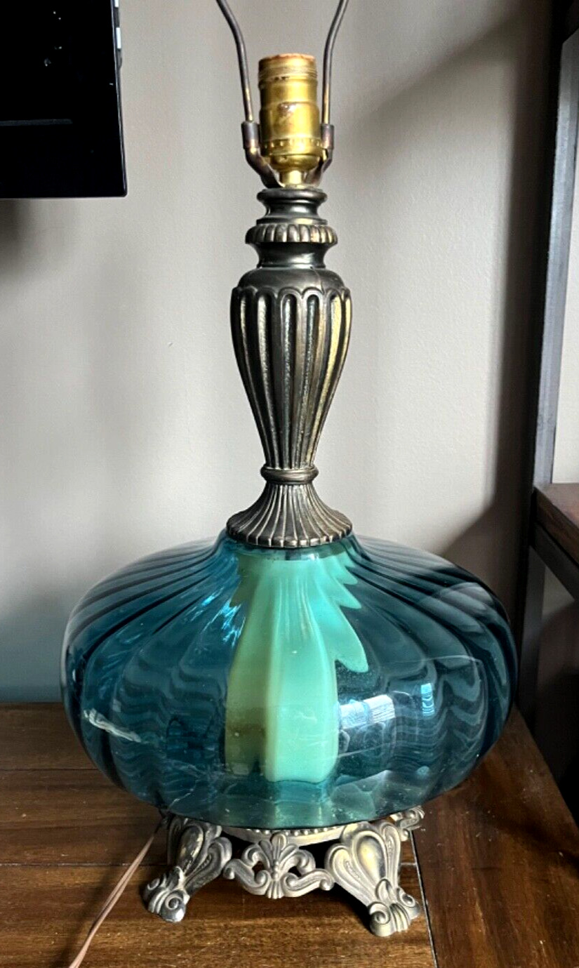 Elegant VINTAGE Hollywood Regency MCM Blue Glass 3 Way Lamp WORKS No Shade WOW