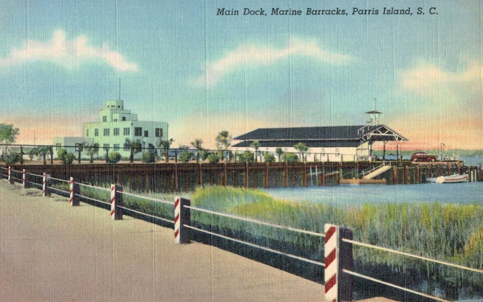Parris Island,So.Carolina,Marine Barracks,Main Deck,WW II,LInen,U.S.M.C.,c.1940s