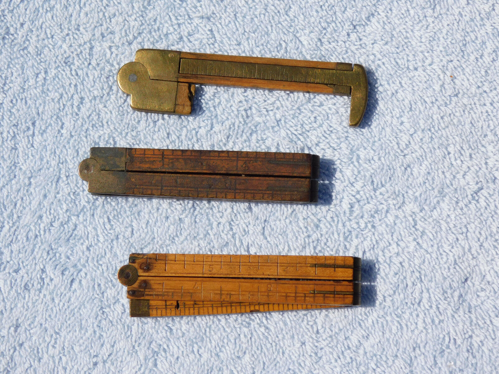 Lot of 3 Vintage Boxwood & Brass Folding Rulers - one broken with caliper