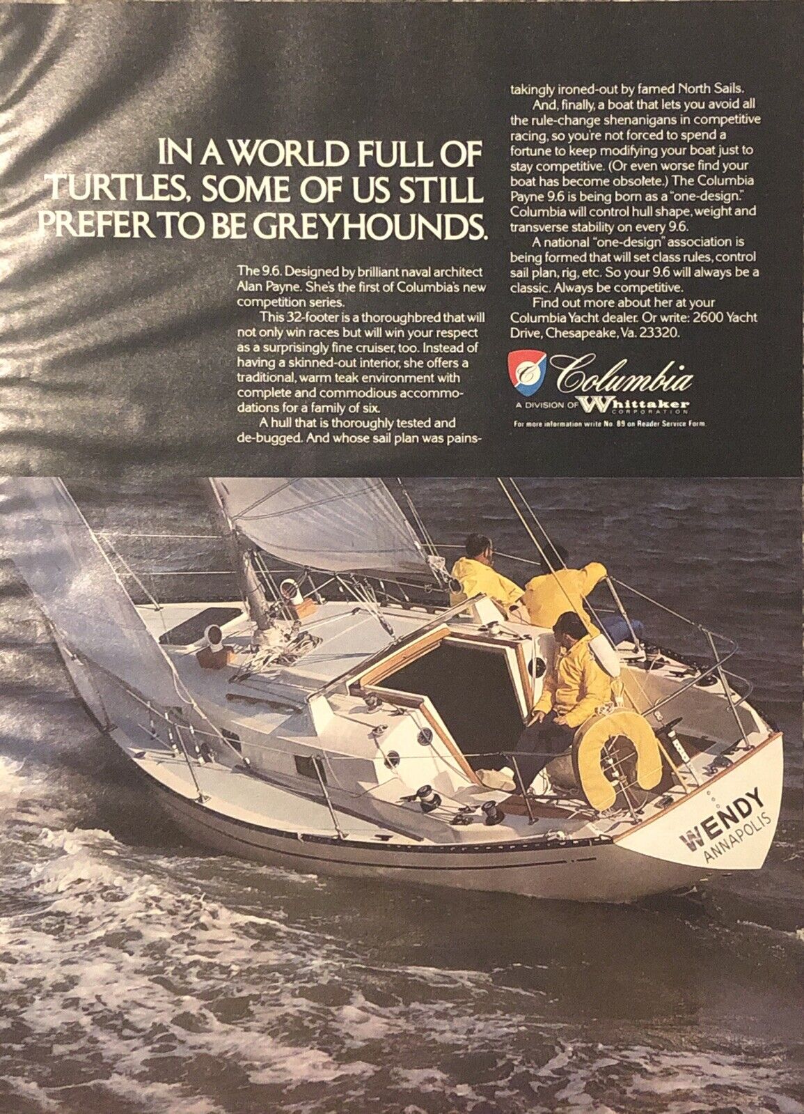 1977 Columbia 9.6 Yacht Chesapeake Alan Payne Wendy Annapolis VTG 70s PRINT AD