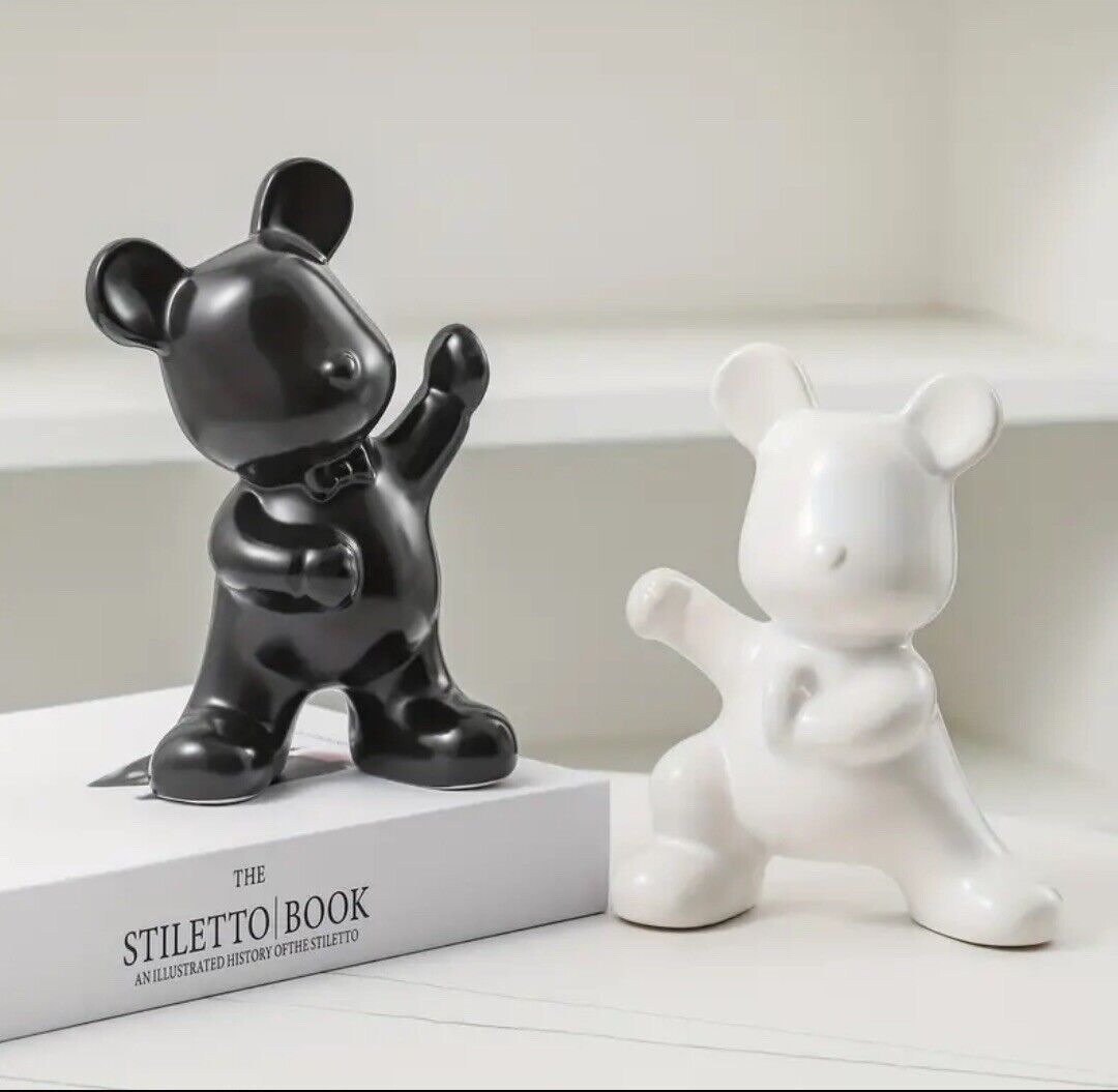 Modern Bear Bookend Set - Black & White Ceramic Decorative Book Holders