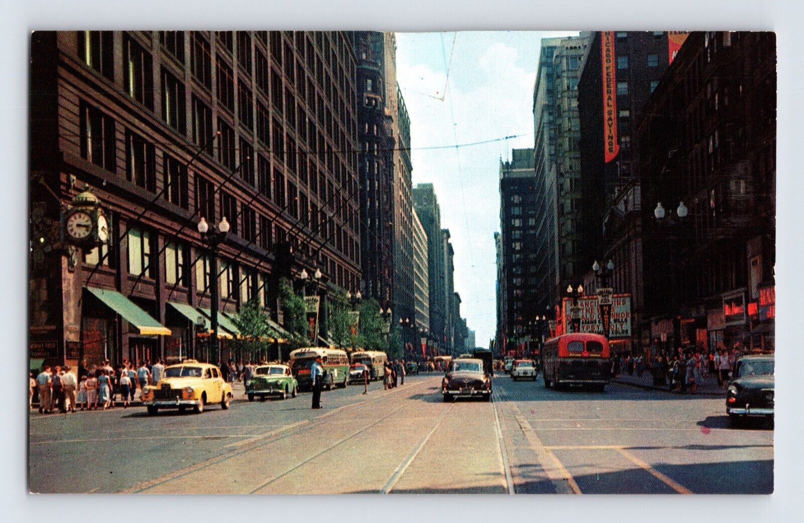 Postcard Illinois Chicago IL Downtown State Street Randolph Taxi Bus 1960s