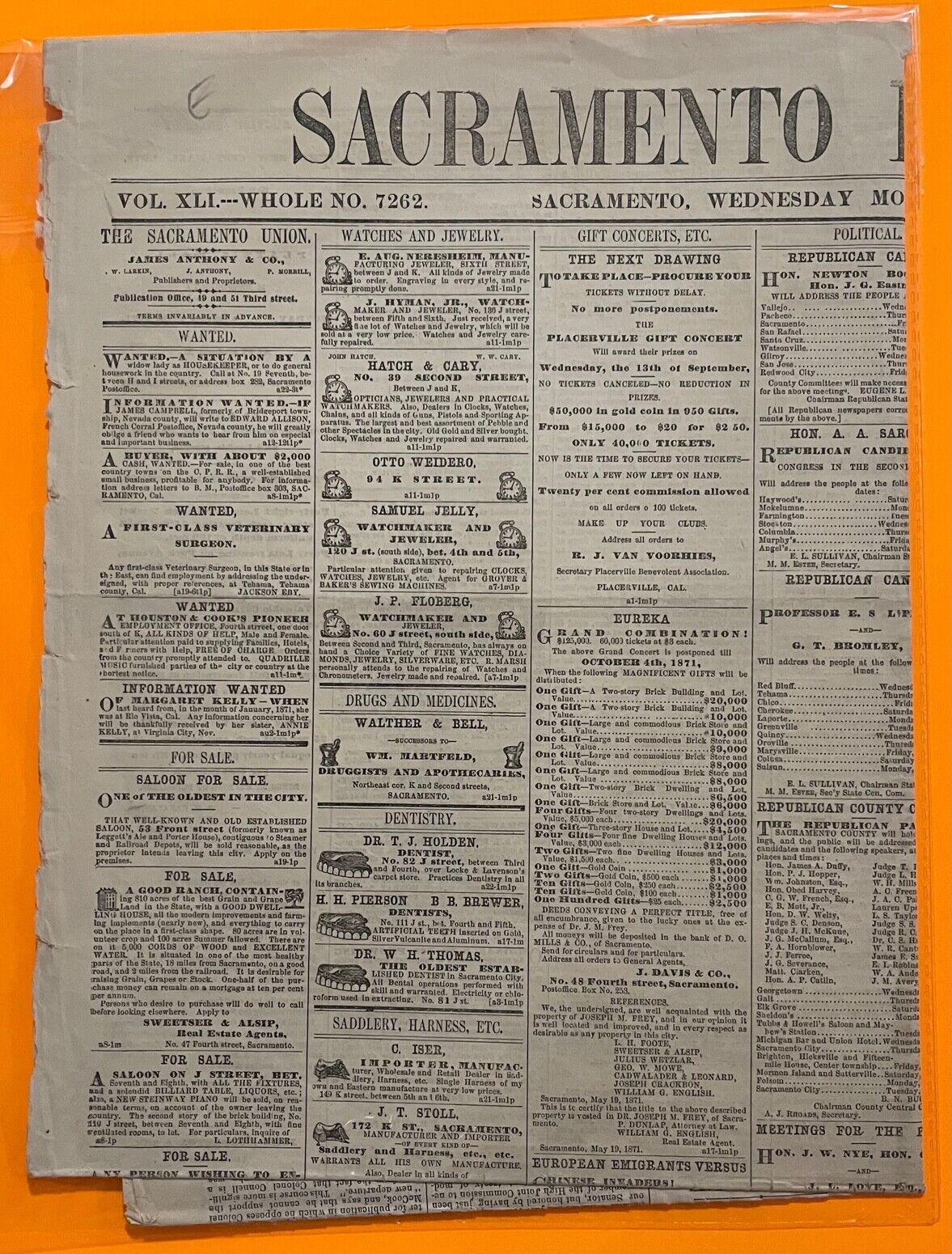 SACRAMENTO DAILY UNION : AUGUST 23rd 1871 VINTAGE NEWSPAPER POST CIVIL WAR ERA