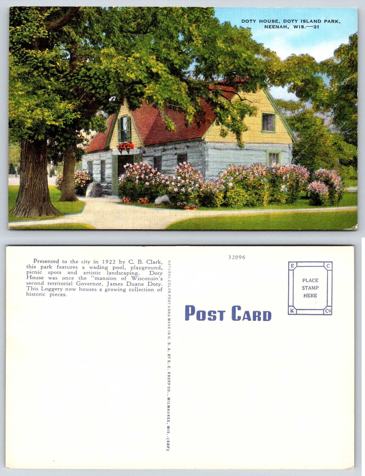 Neenah Wisconsin DOTY HOUSE DOTY ISLAND PARK Postcard g215