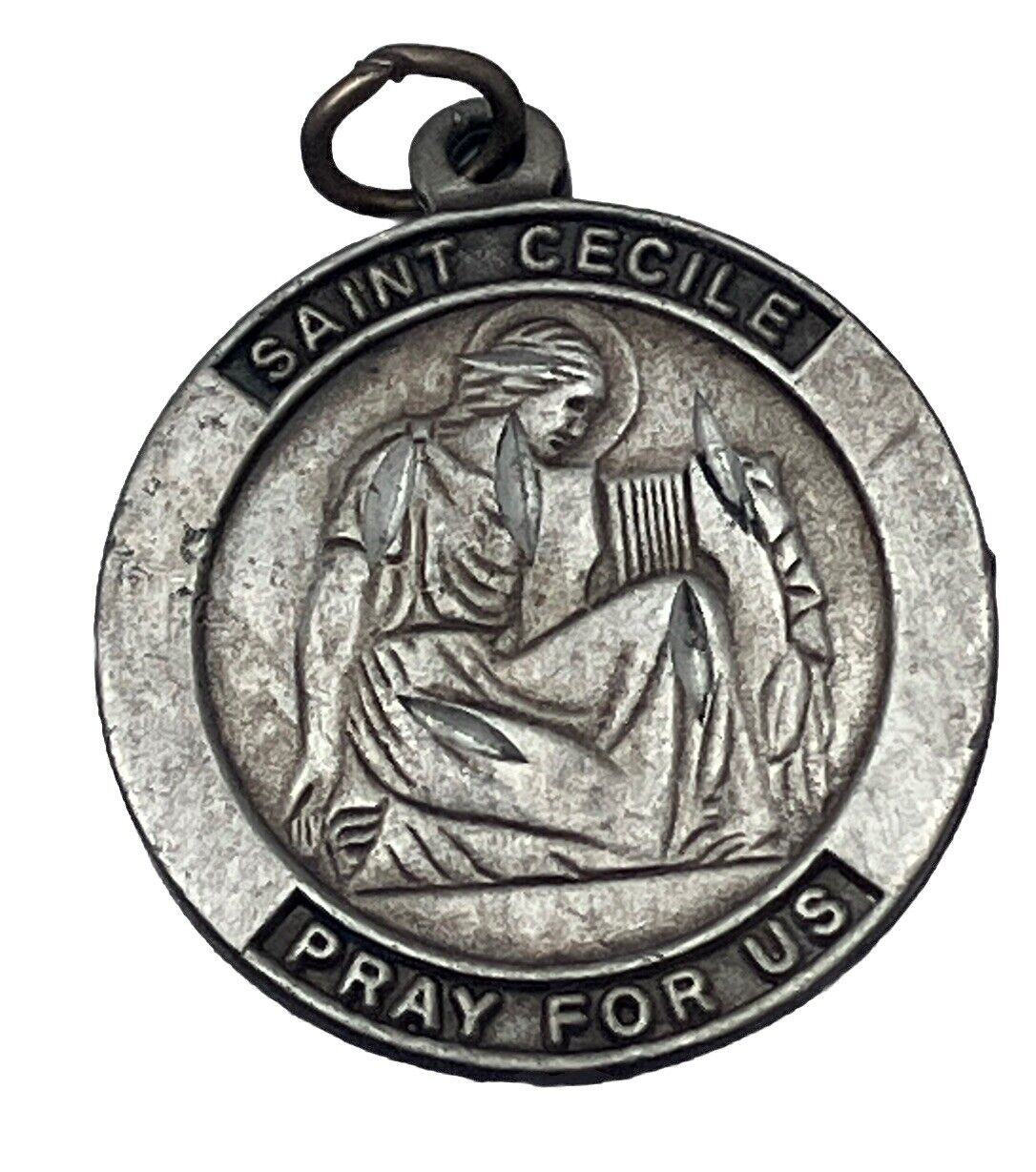 Vintage Catholic Saint Cecile Silver Tone Religious Medal