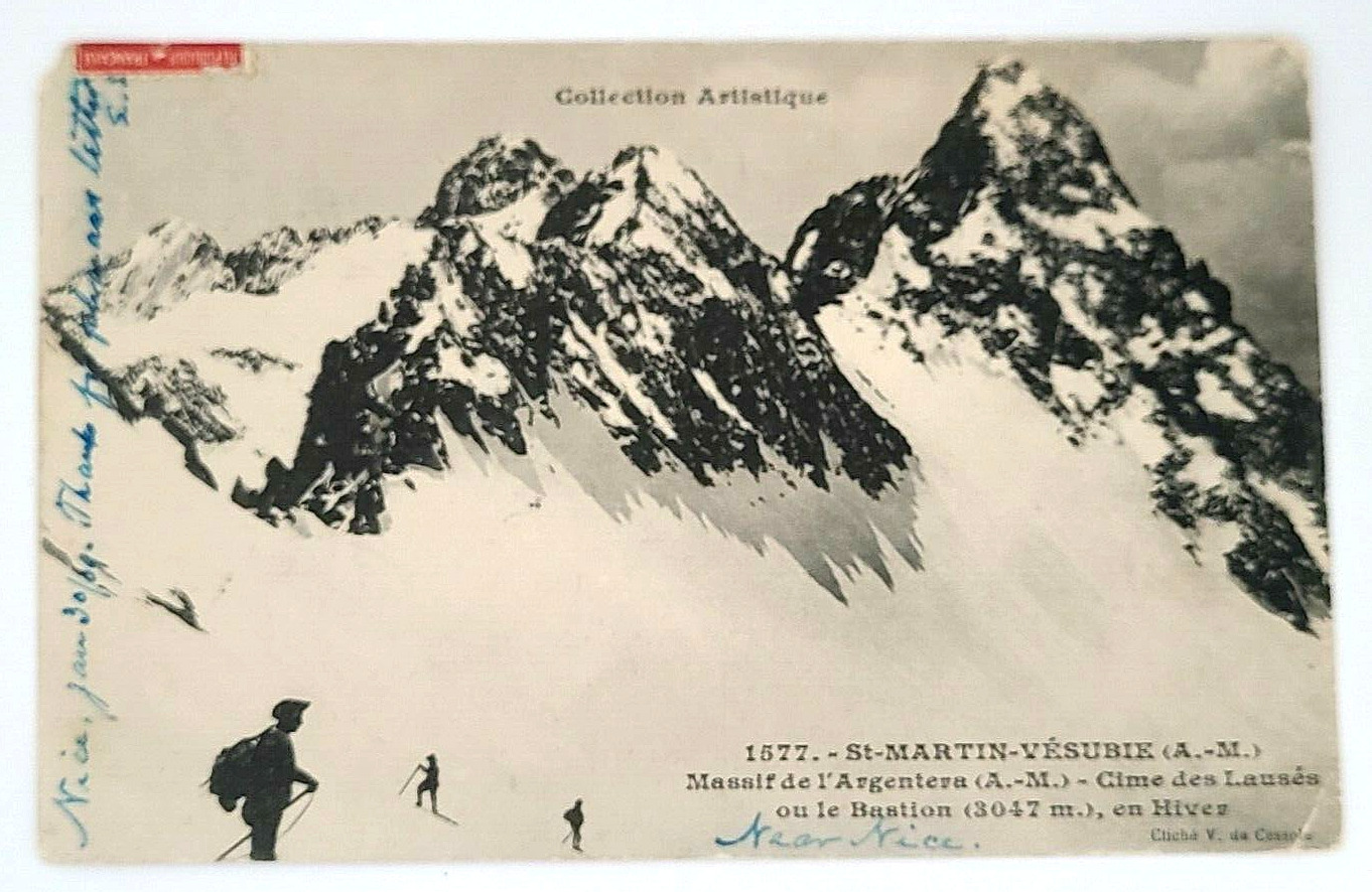 Alps Mountain Skiing Scene France Vtg 1909 Postcard posted French Stamp