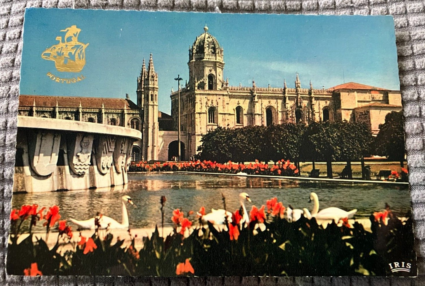 Vintage Continental Postcard - Swans at Jeronimos Monastery in Lisbon, Portugal