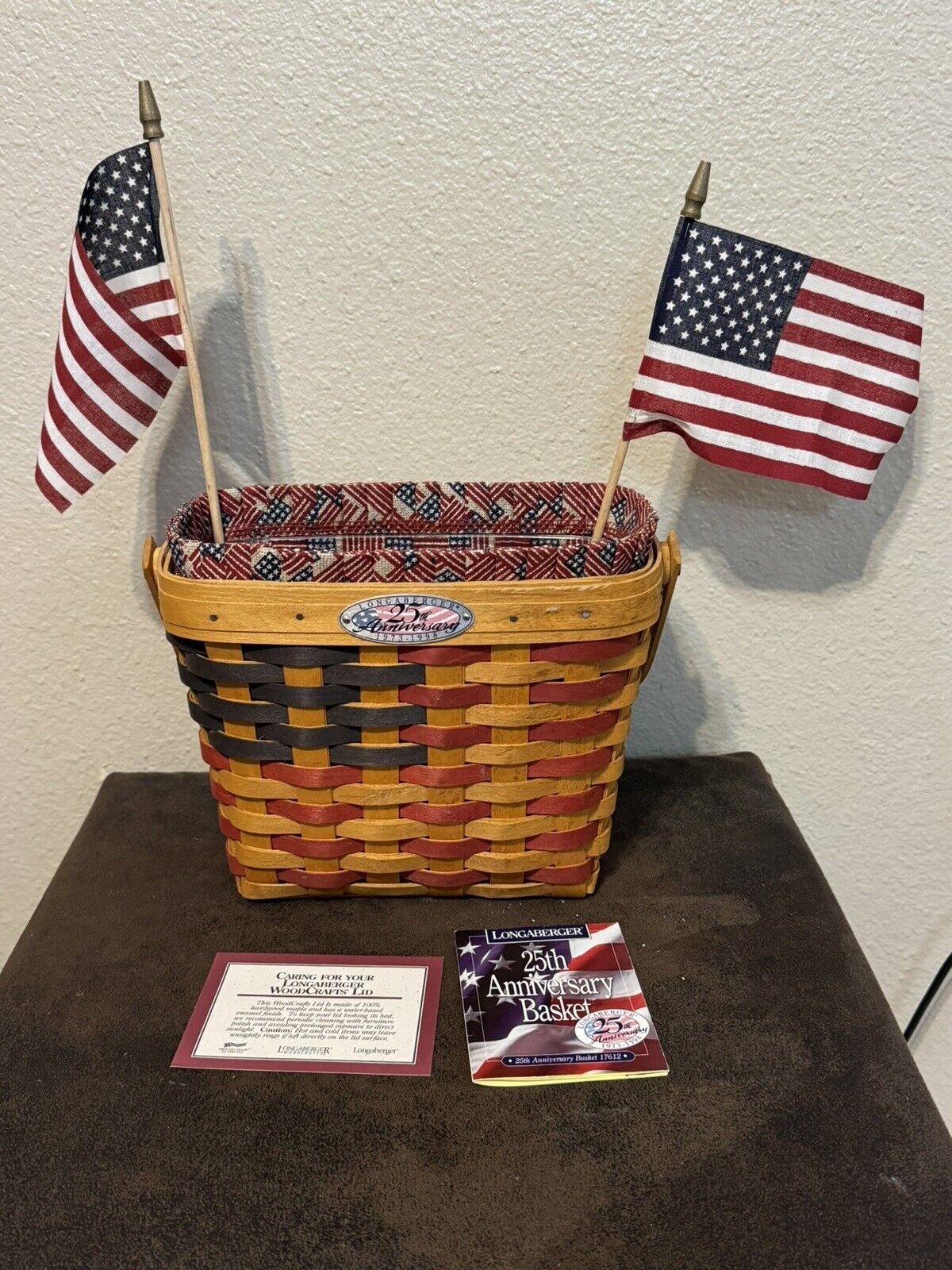 1998 Vintage Longaberger 25th Anniversary Basket American Flag Liner &  Cloth