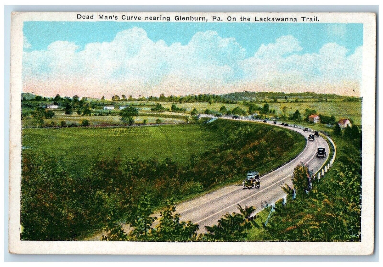 1920 Dead Mans Curve Lackawanna Trail Classic Car Glenburn Pennsylvania Postcard