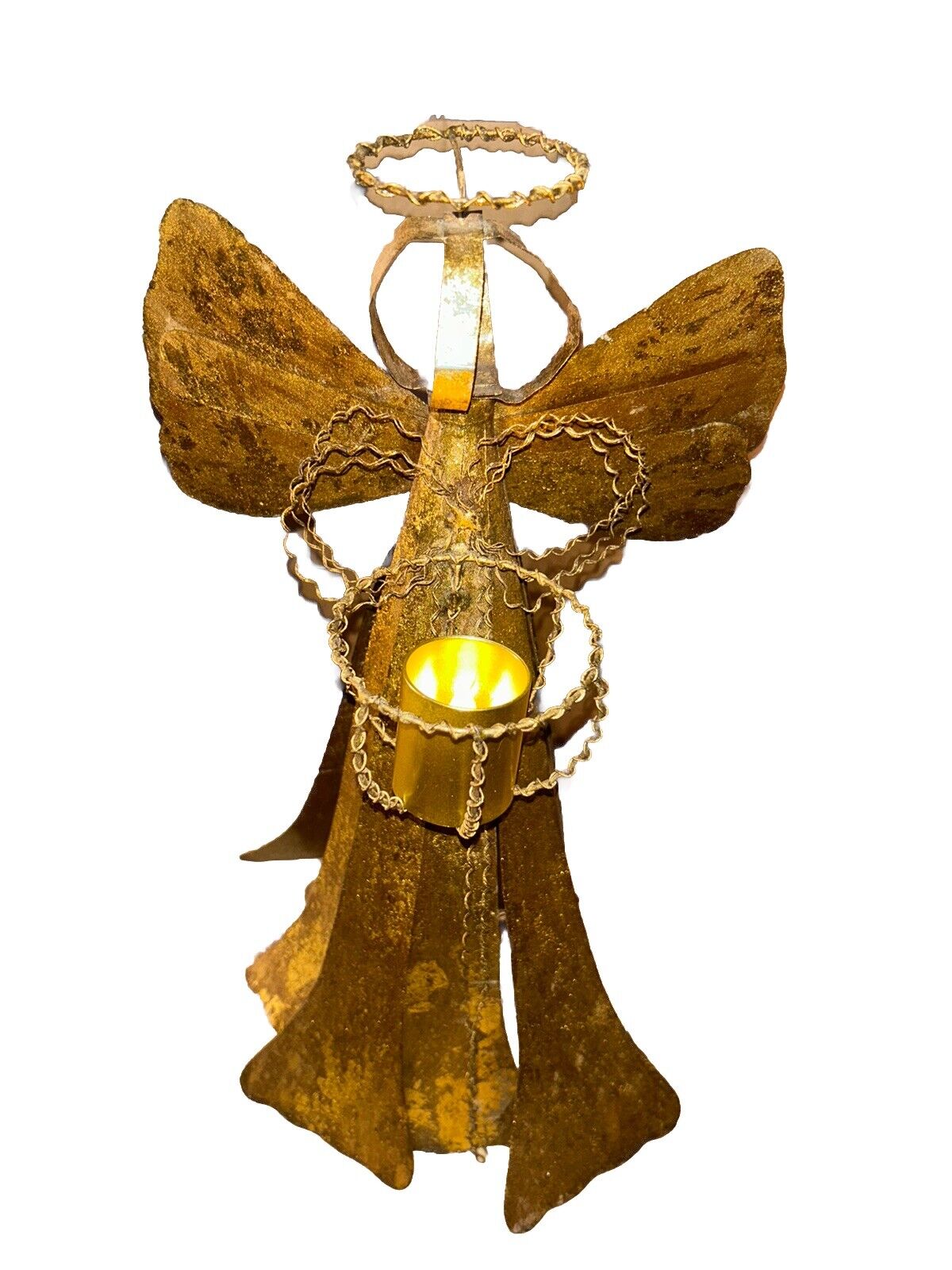 Vintage Cut Metal Angel/Virgin Mary. Gold Metal Votive. Christmas.