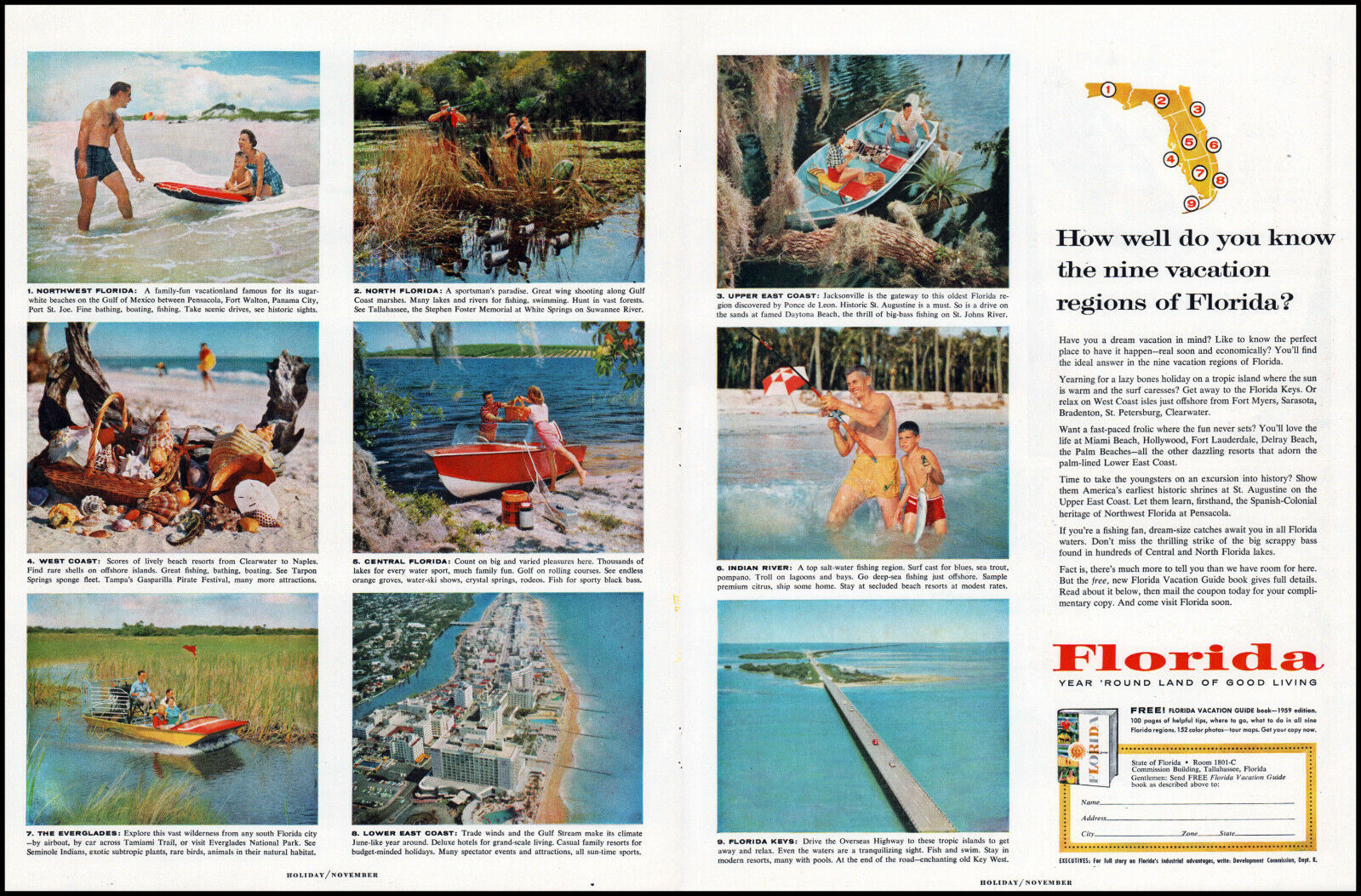 1958 Florida State Vacation Guide Tallahassee Big retro 9 photo print ad LA18