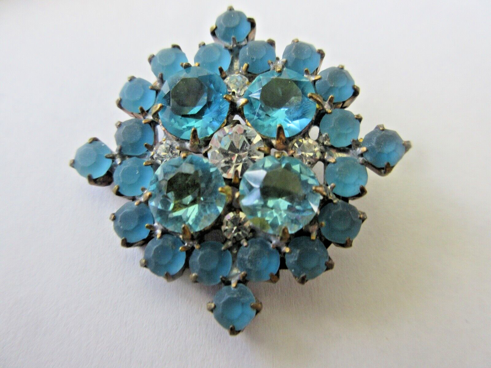 Czech Vintage Glass Rhinestone Button  Beautiful   Frosted Turquoise & Crystal