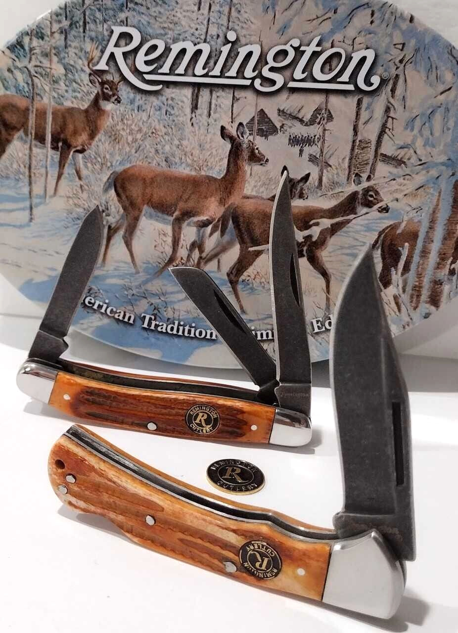 Remington Buck Doe Deer Scene Tin Jigged Bone Stockman Lockback Pocket Knife Set