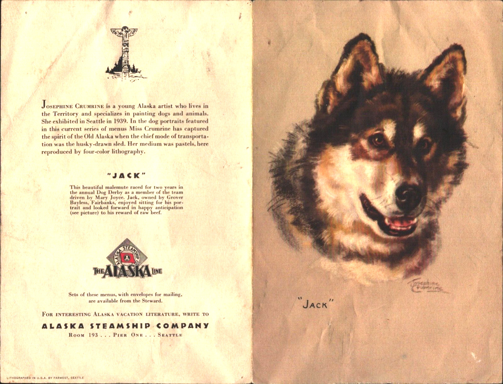 1949 ALASKAN STEAMSHIP COMPANY vintage luncheon menu S.S. DENALI The Alaska Line
