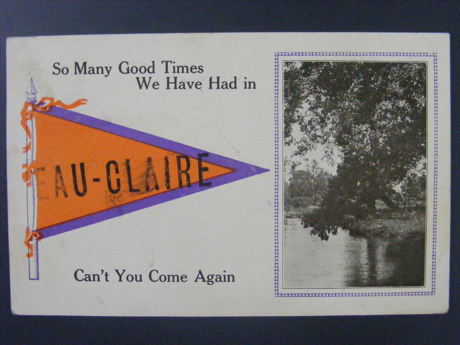 Eau Claire Wisconsin WI Pennant 1913 American Flag Cancel Antique Postcard