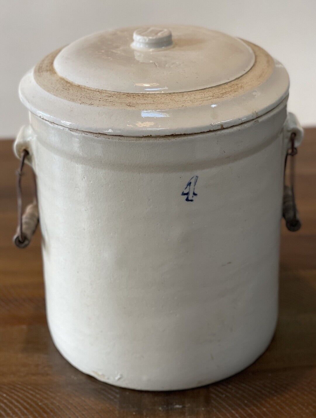 Vintage 4 Gallon Stoneware Crock With Lid Wire & Wood Handles