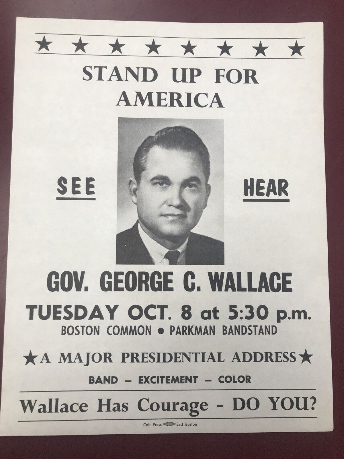 RARE 1968 GEORGE WALLACE BOSTON MASSACHUSETTS POLITICAL FUNDRAISER FLYER