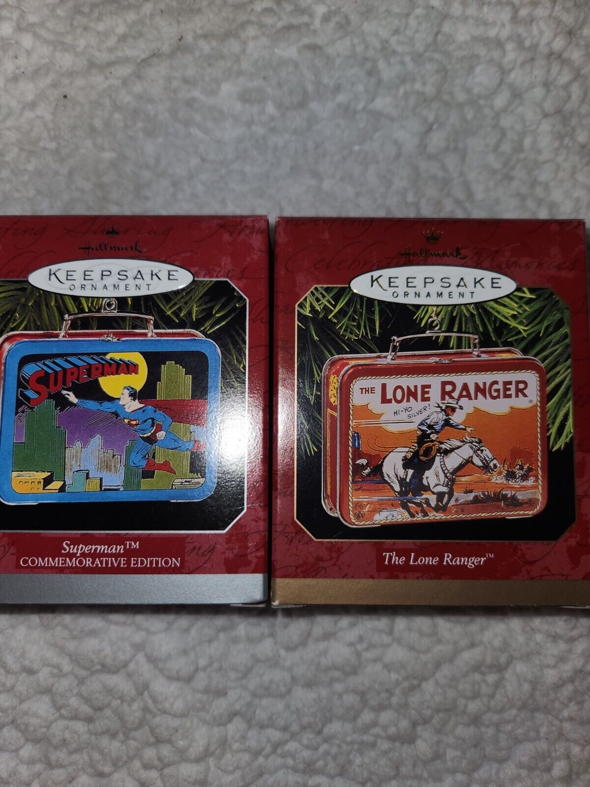 Hallmark 1997 Lone Ranger lunchbox and 1998 Superman lunchbox ornaments