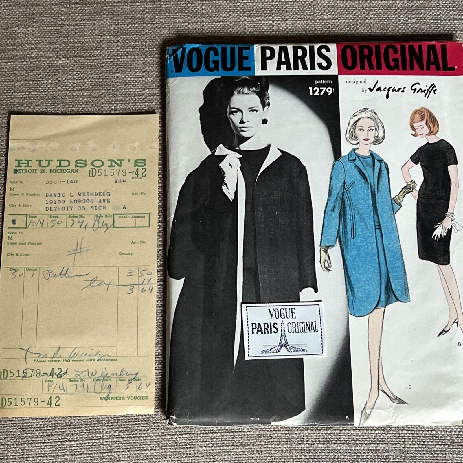 60s VOGUE PARIS ORIGINAL Sewing Pattern JACQUES GRIFFE 1279 Dress Coat UNCUT 14
