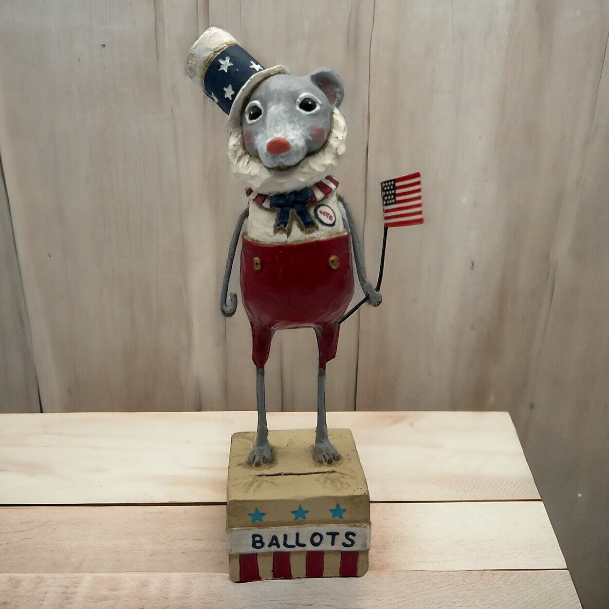 Rare Lori Mitchell Americus Mouse Ballot Box Figure Folk Art 7” Patriotic Vote