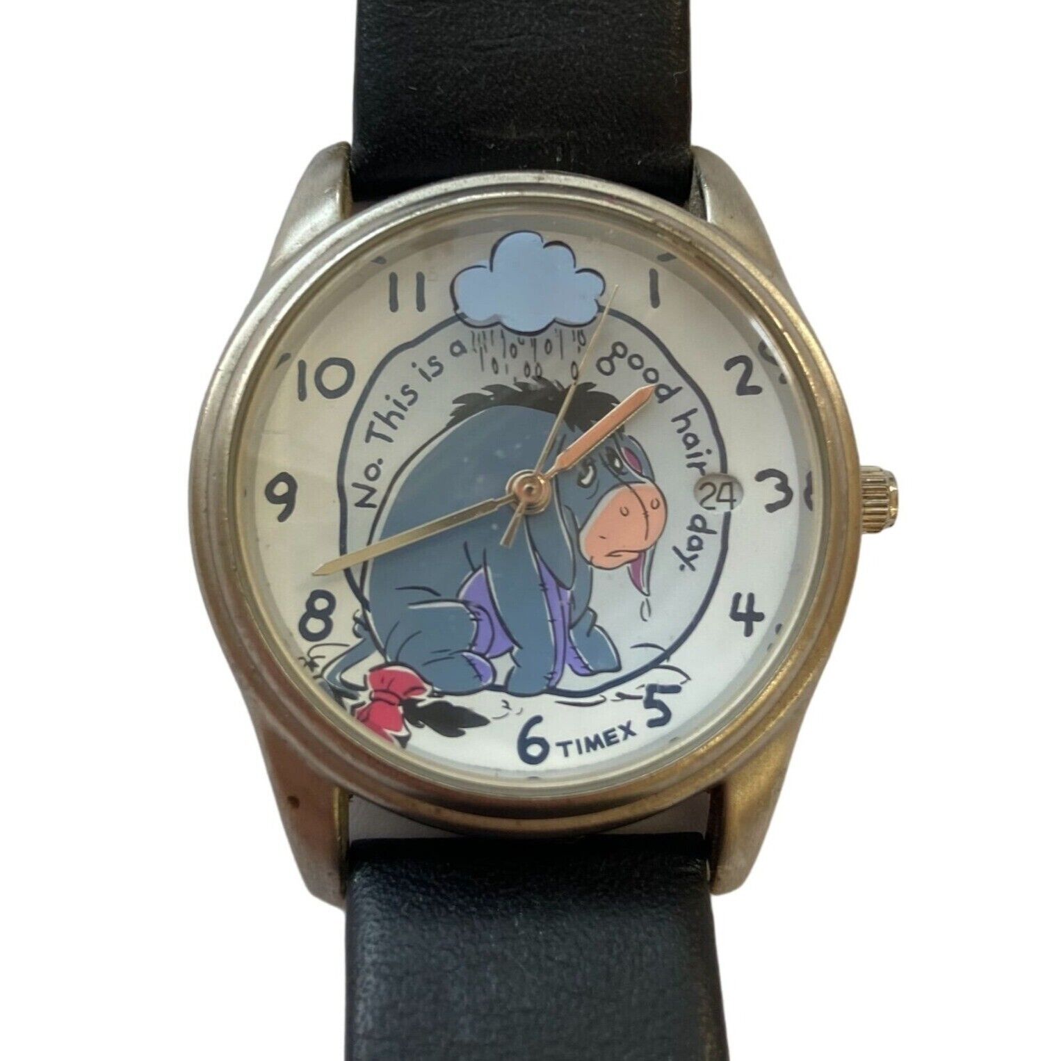 Disney Timex Watch Eeyore Vintage Silver Tone Black Leather Band Womens
