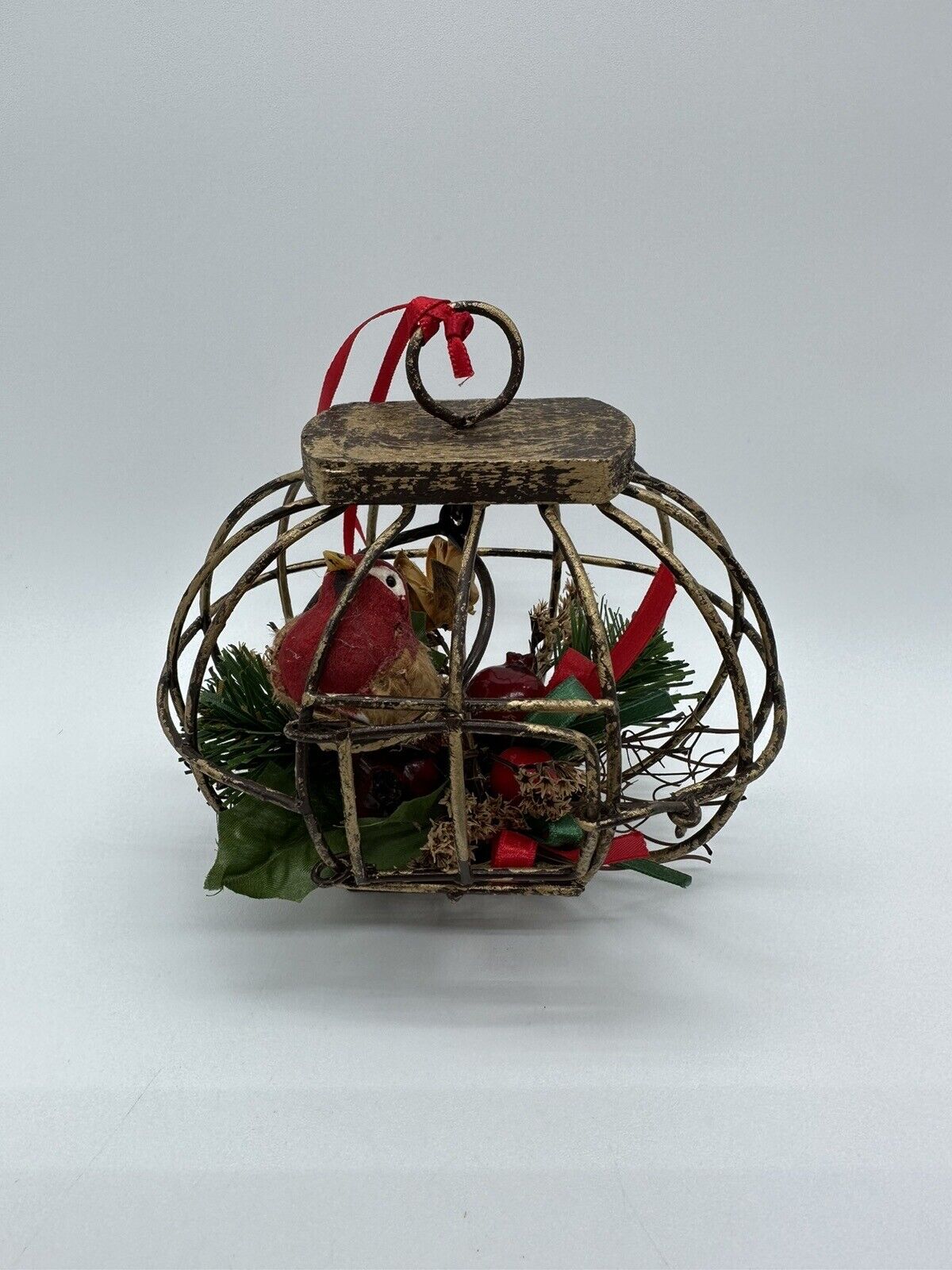 Vintage Red Bird Birdcage Christmas Ornament 5 Inch